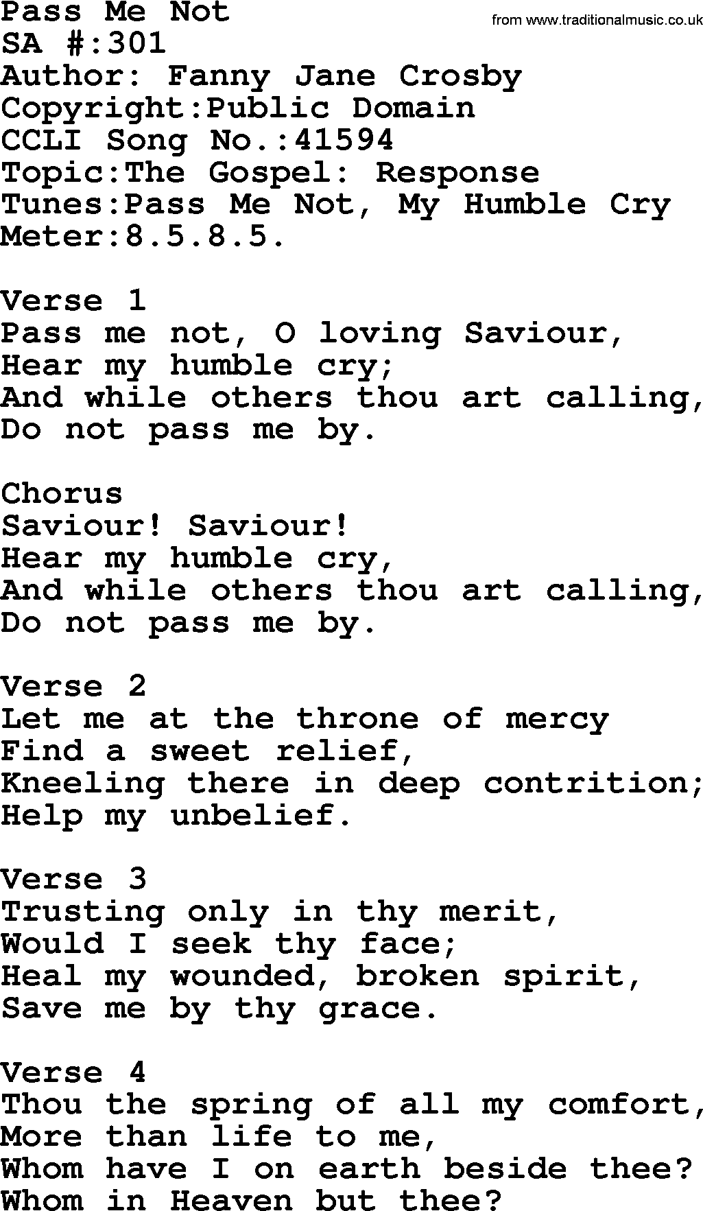 Salvation Army Hymnal, title: Pass Me Not, with lyrics and PDF,