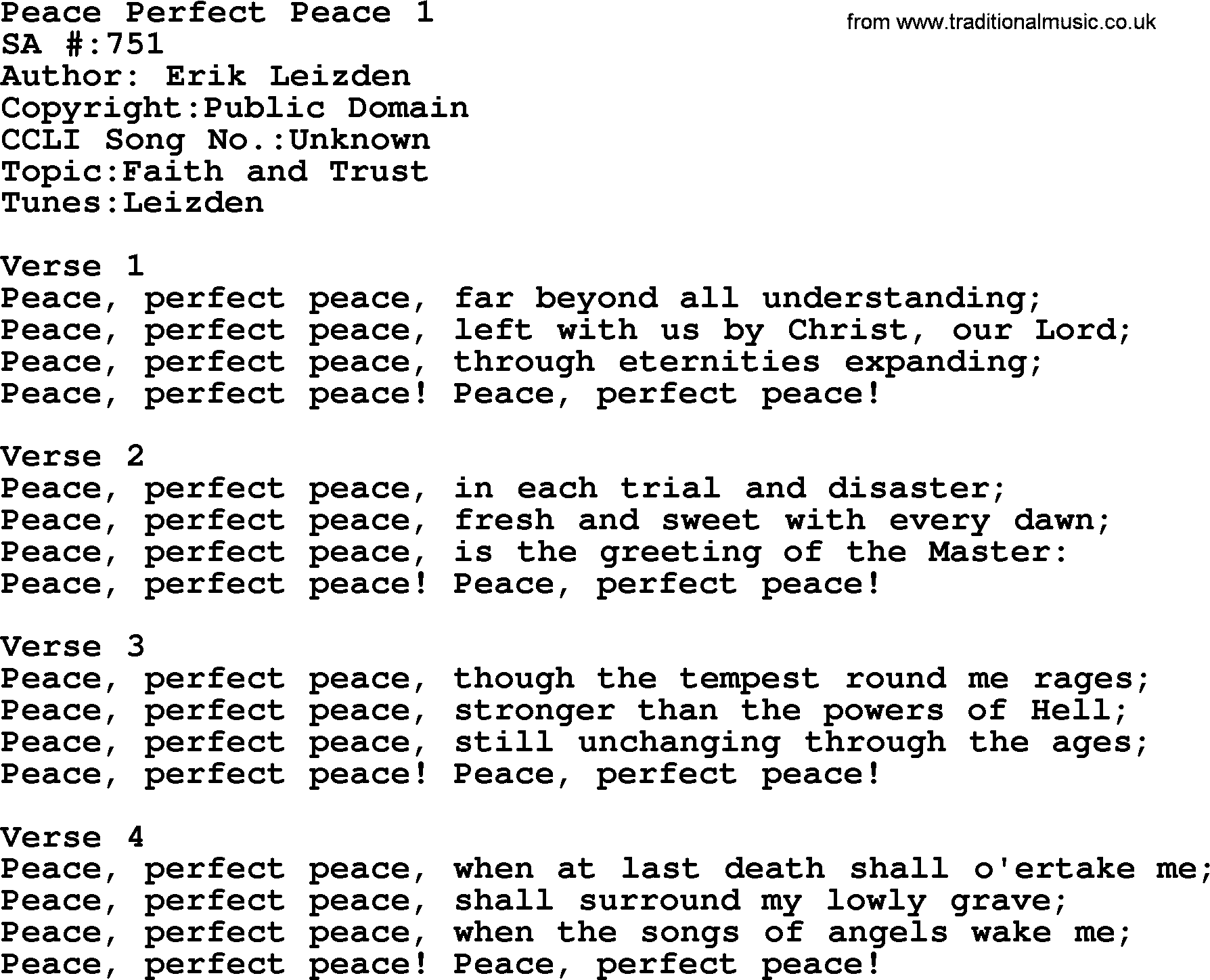 Salvation Army Hymnal, title: Peace Perfect Peace 1, with lyrics and PDF,