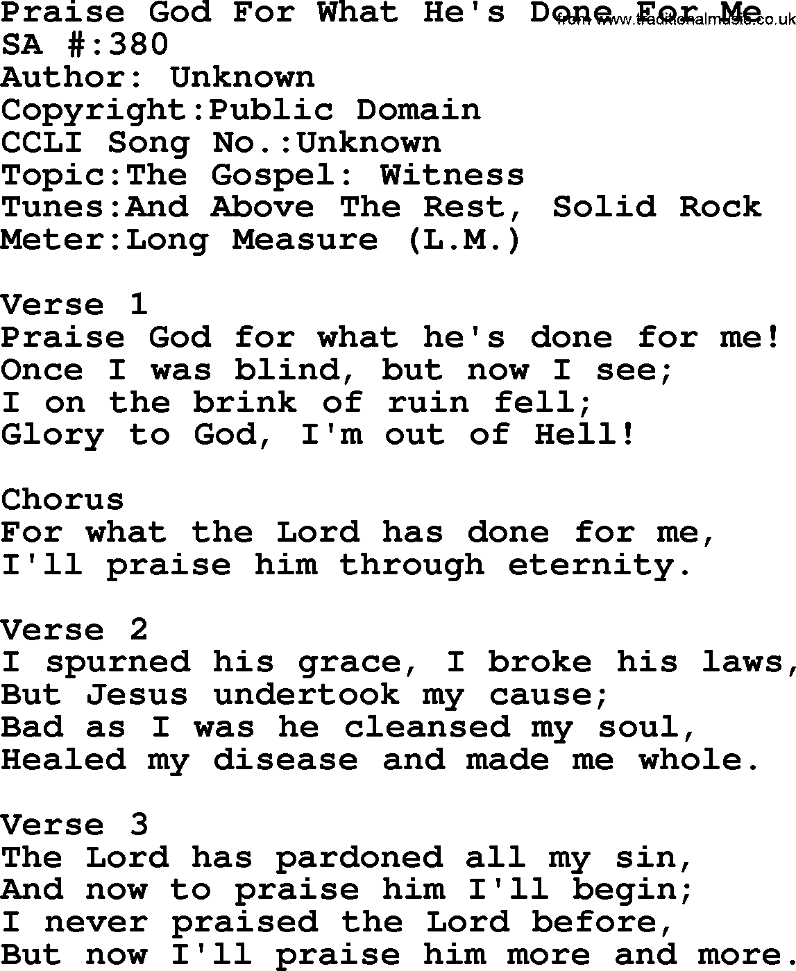 Salvation Army Hymnal, title: Praise God For What He's Done For Me, with lyrics and PDF,