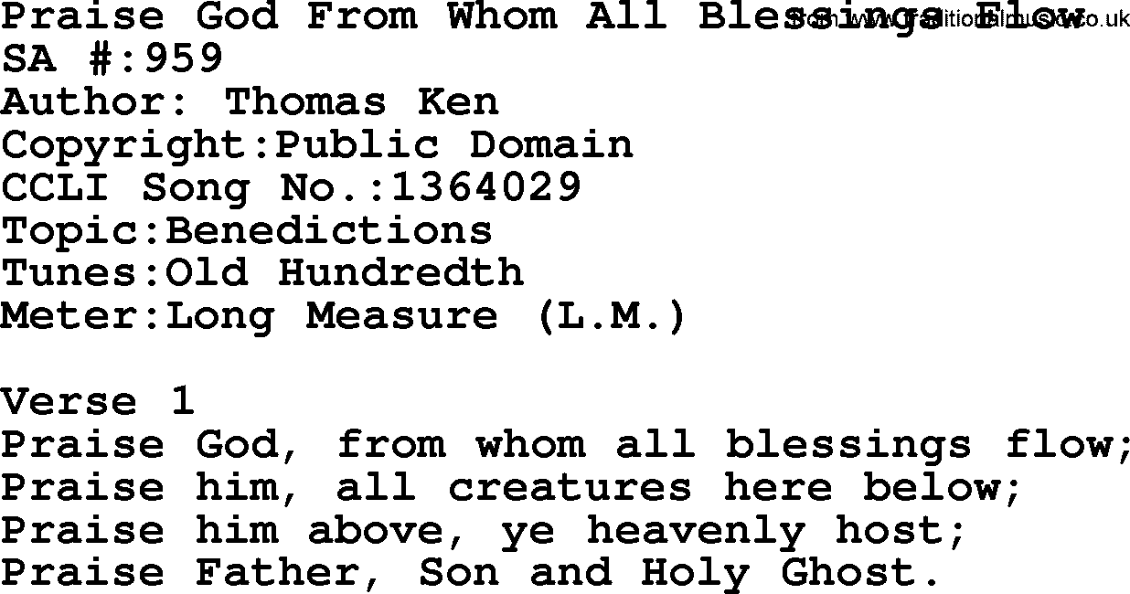 Salvation Army Hymnal, title: Praise God From Whom All Blessings Flow, with lyrics and PDF,