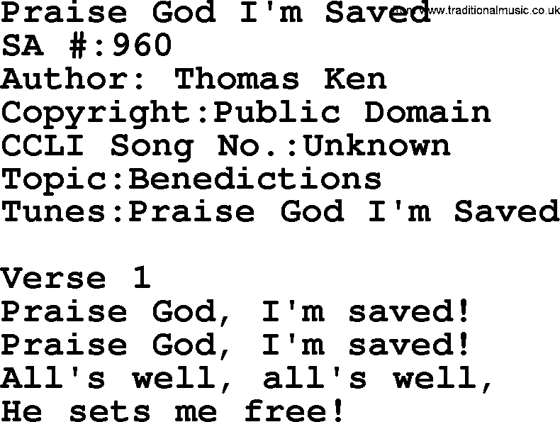 Salvation Army Hymnal, title: Praise God I'm Saved, with lyrics and PDF,