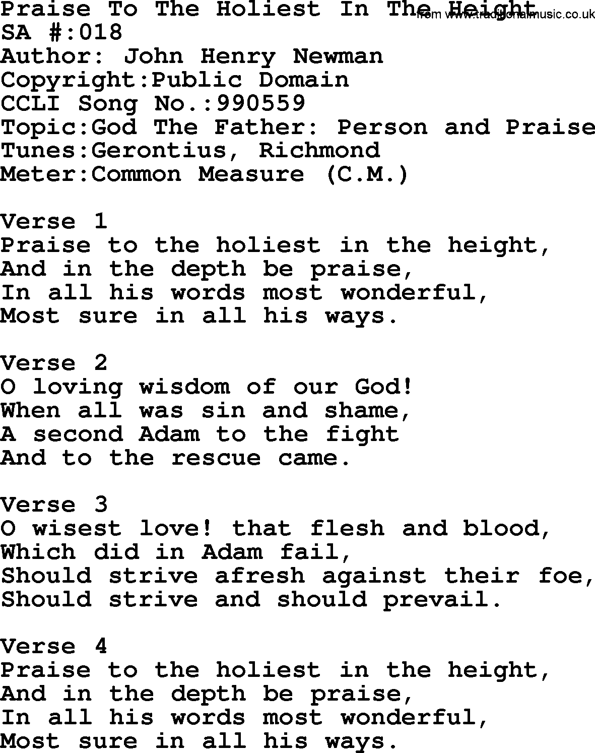 Salvation Army Hymnal, title: Praise To The Holiest In The Height, with lyrics and PDF,