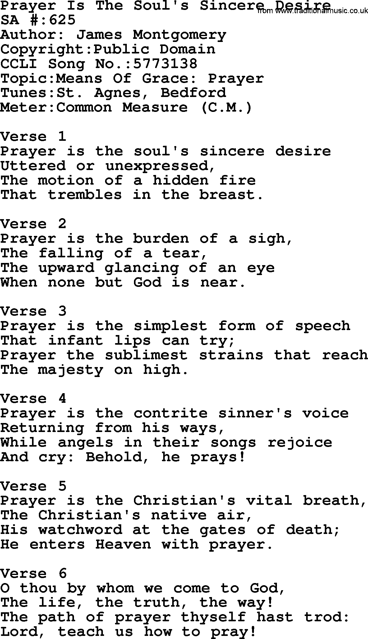 Salvation Army Hymnal, title: Prayer Is The Soul's Sincere Desire, with lyrics and PDF,