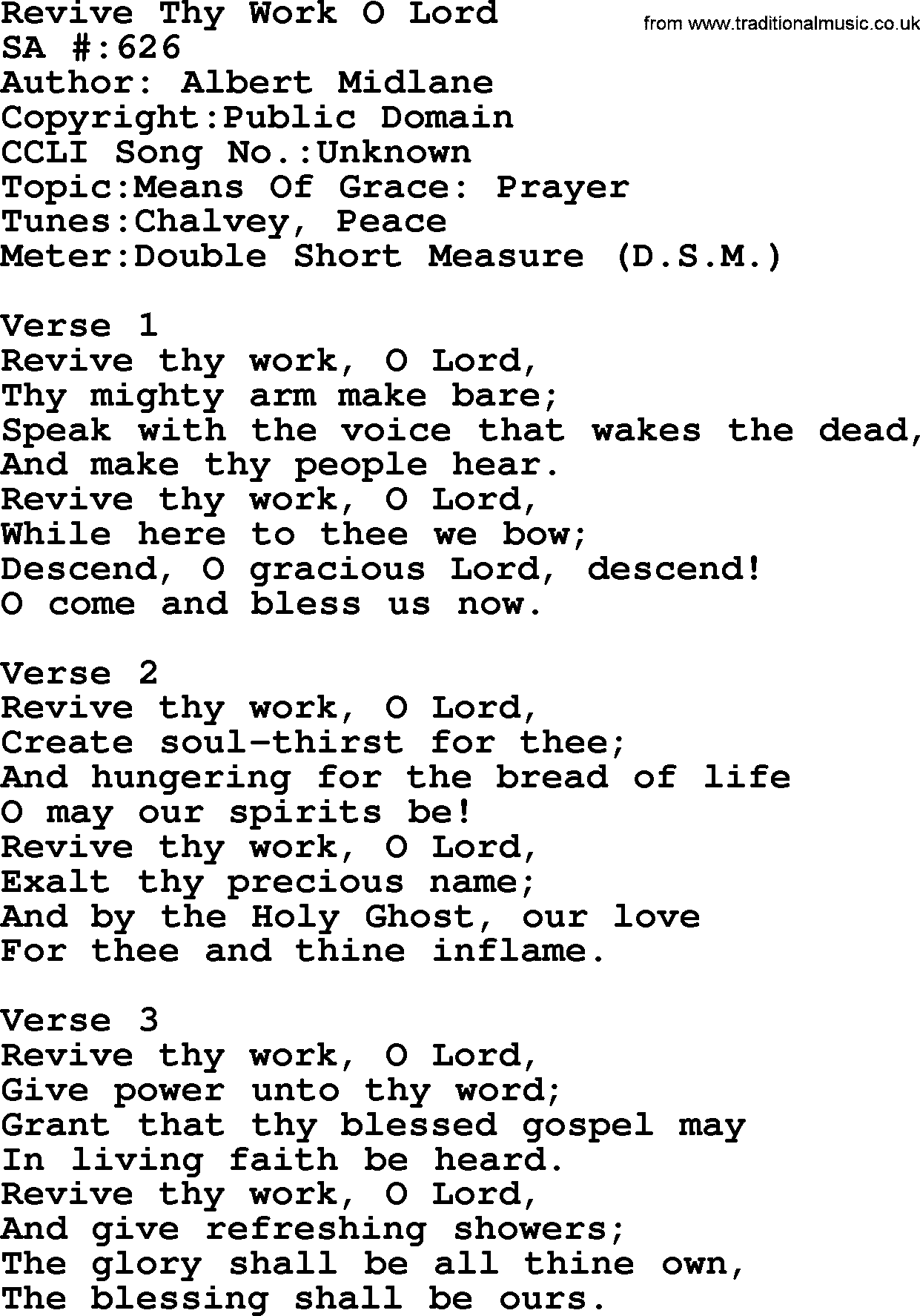 Salvation Army Hymnal, title: Revive Thy Work O Lord, with lyrics and PDF,