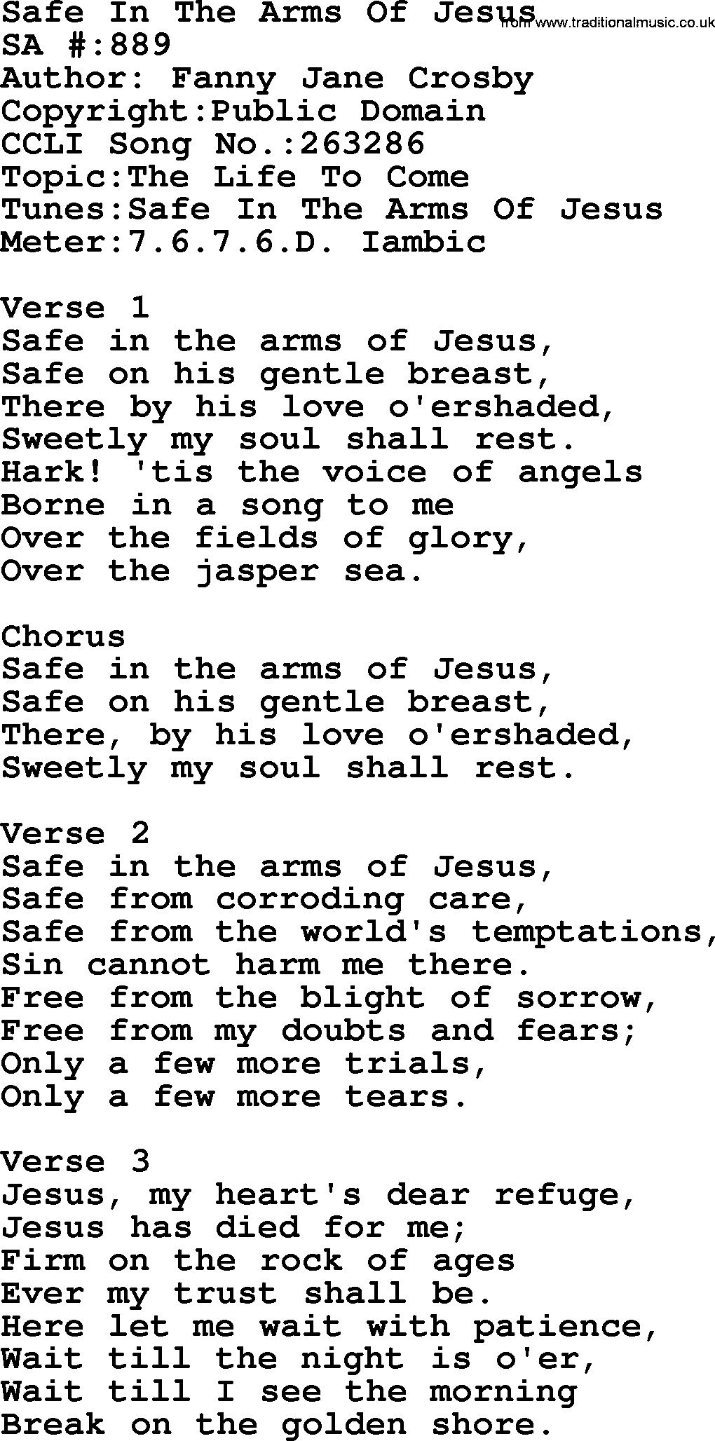Salvation Army Hymnal, title: Safe In The Arms Of Jesus, with lyrics and PDF,