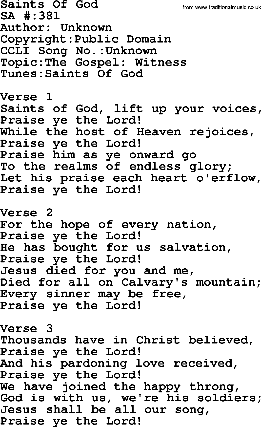 Salvation Army Hymnal, title: Saints Of God, with lyrics and PDF,