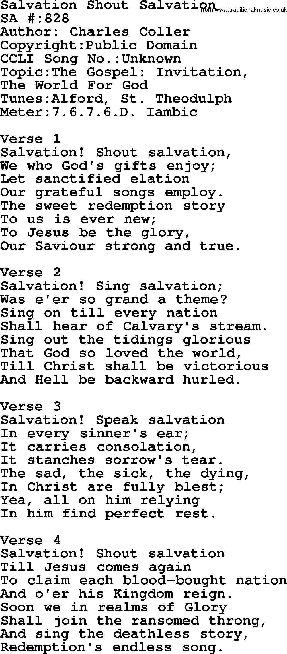 Salvation Army Hymnal, title: Salvation Shout Salvation, with lyrics and PDF,