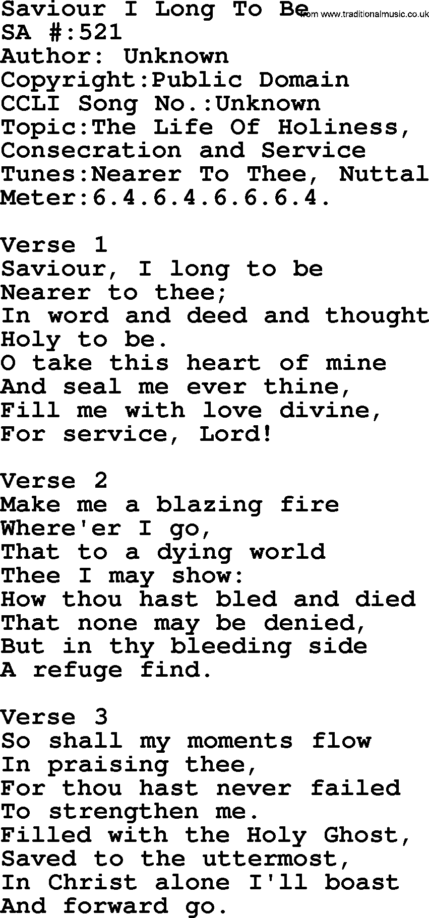Salvation Army Hymnal, title: Saviour I Long To Be, with lyrics and PDF,