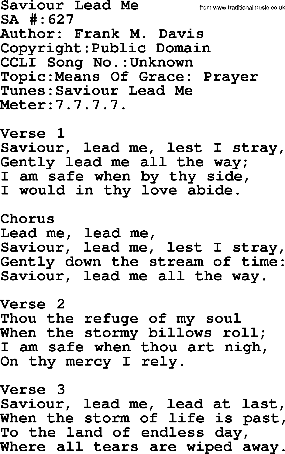 Salvation Army Hymnal, title: Saviour Lead Me, with lyrics and PDF,