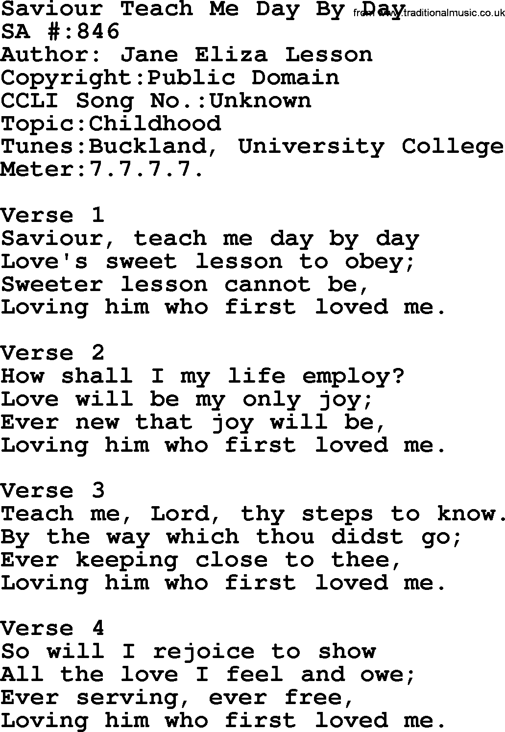 Salvation Army Hymnal, title: Saviour Teach Me Day By Day, with lyrics and PDF,