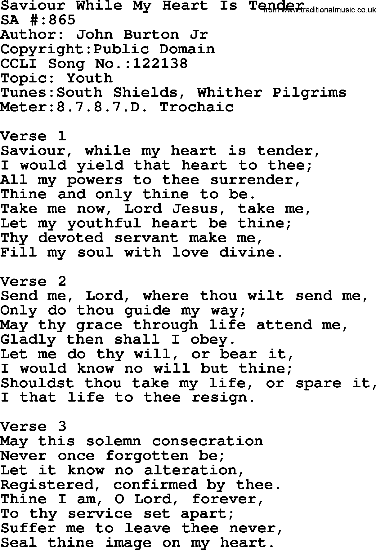 Salvation Army Hymnal, title: Saviour While My Heart Is Tender, with lyrics and PDF,