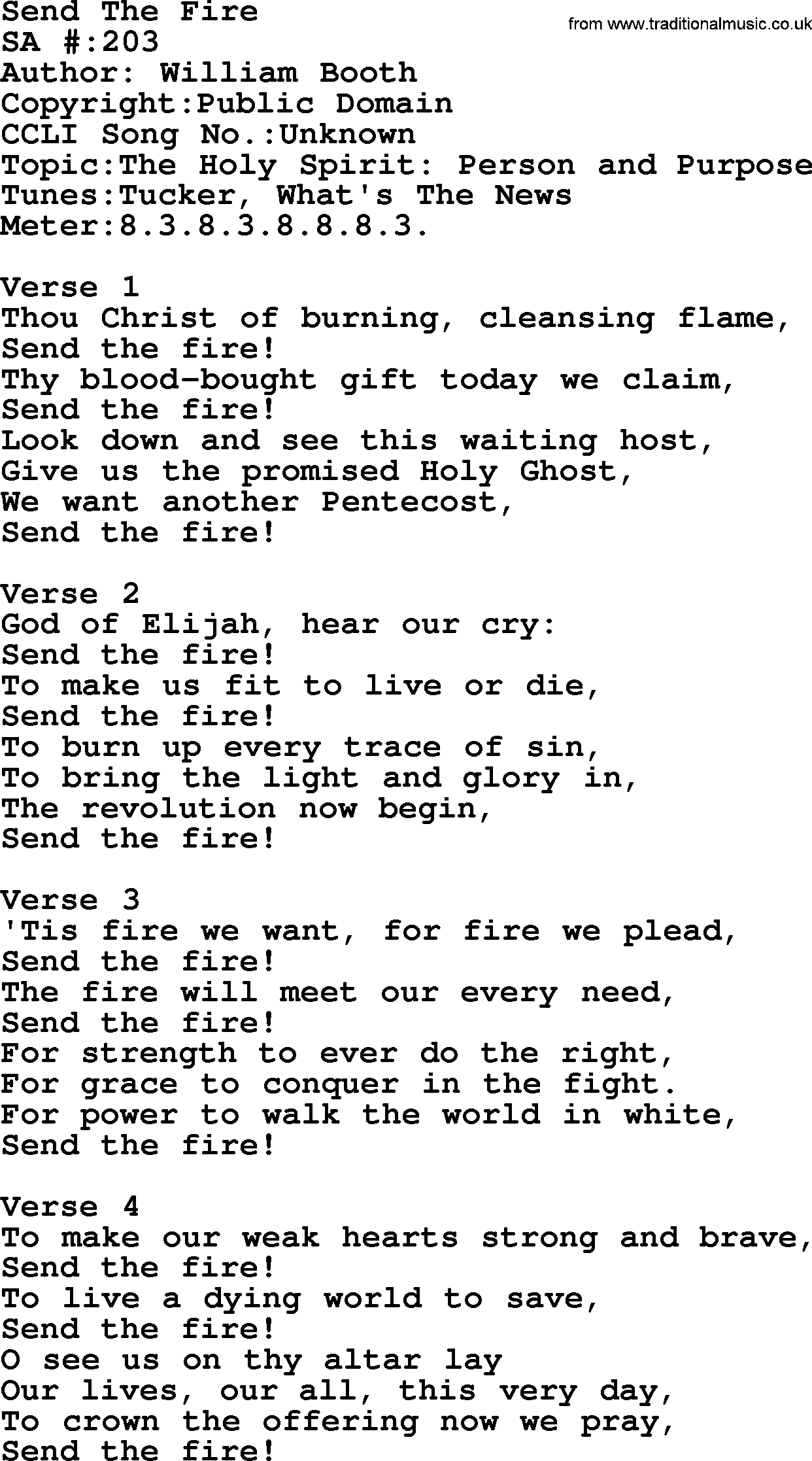 Salvation Army Hymnal, title: Send The Fire, with lyrics and PDF,