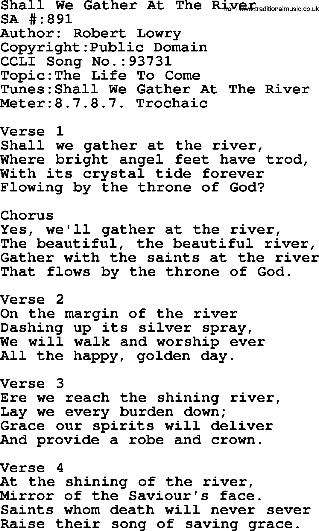Salvation Army Hymnal, title: Shall We Gather At The River, with lyrics and PDF,
