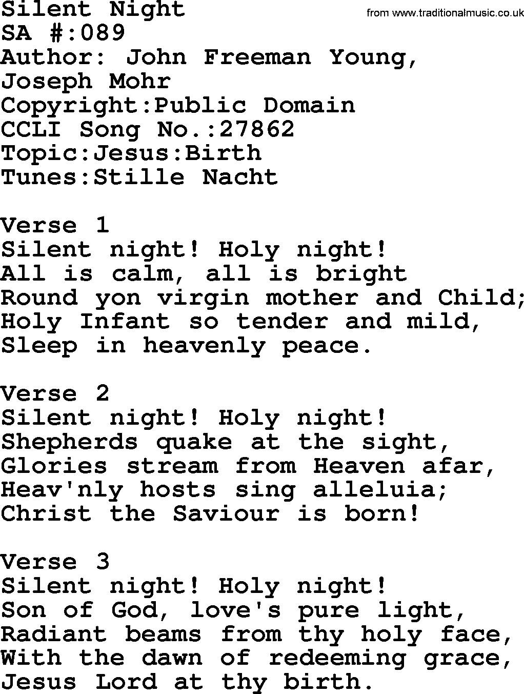Salvation Army Hymnal Song Silent Night, with Lyrics and PDF