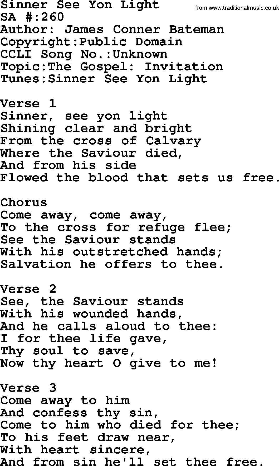 Salvation Army Hymnal, title: Sinner See Yon Light, with lyrics and PDF,