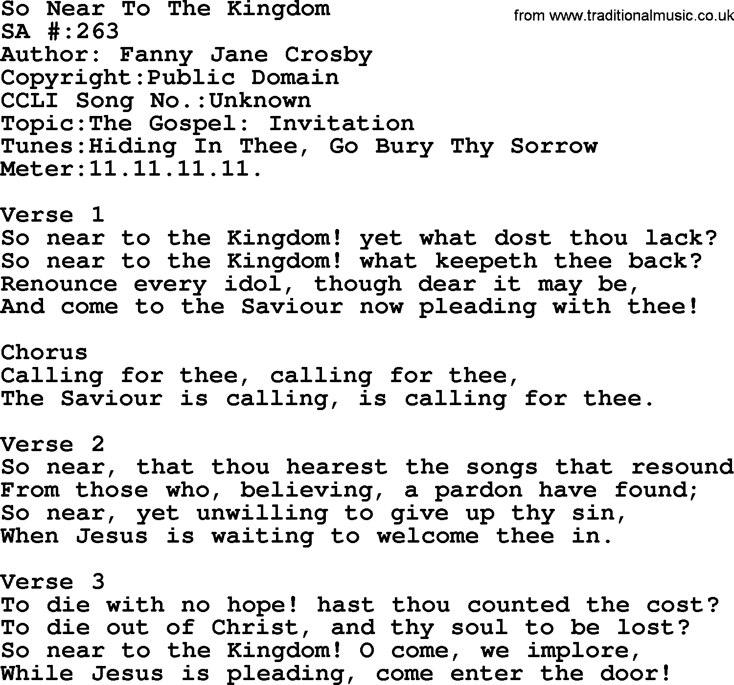 Salvation Army Hymnal, title: So Near To The Kingdom, with lyrics and PDF,