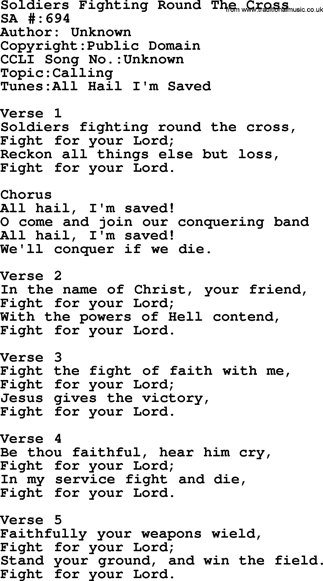 Salvation Army Hymnal, title: Soldiers Fighting Round The Cross, with lyrics and PDF,