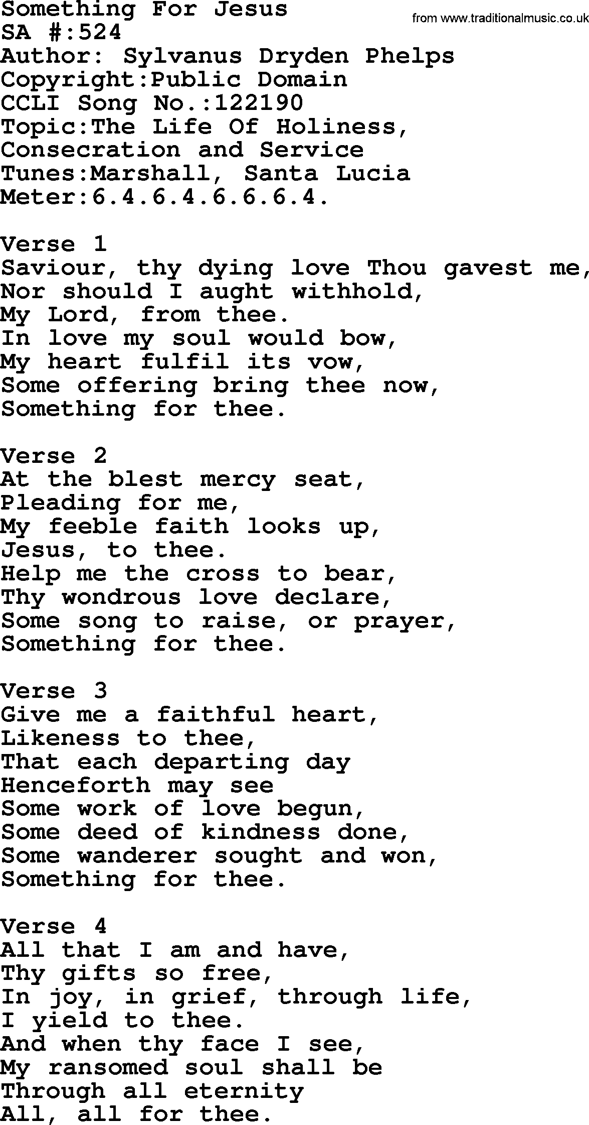 Salvation Army Hymnal, title: Something For Jesus, with lyrics and PDF,