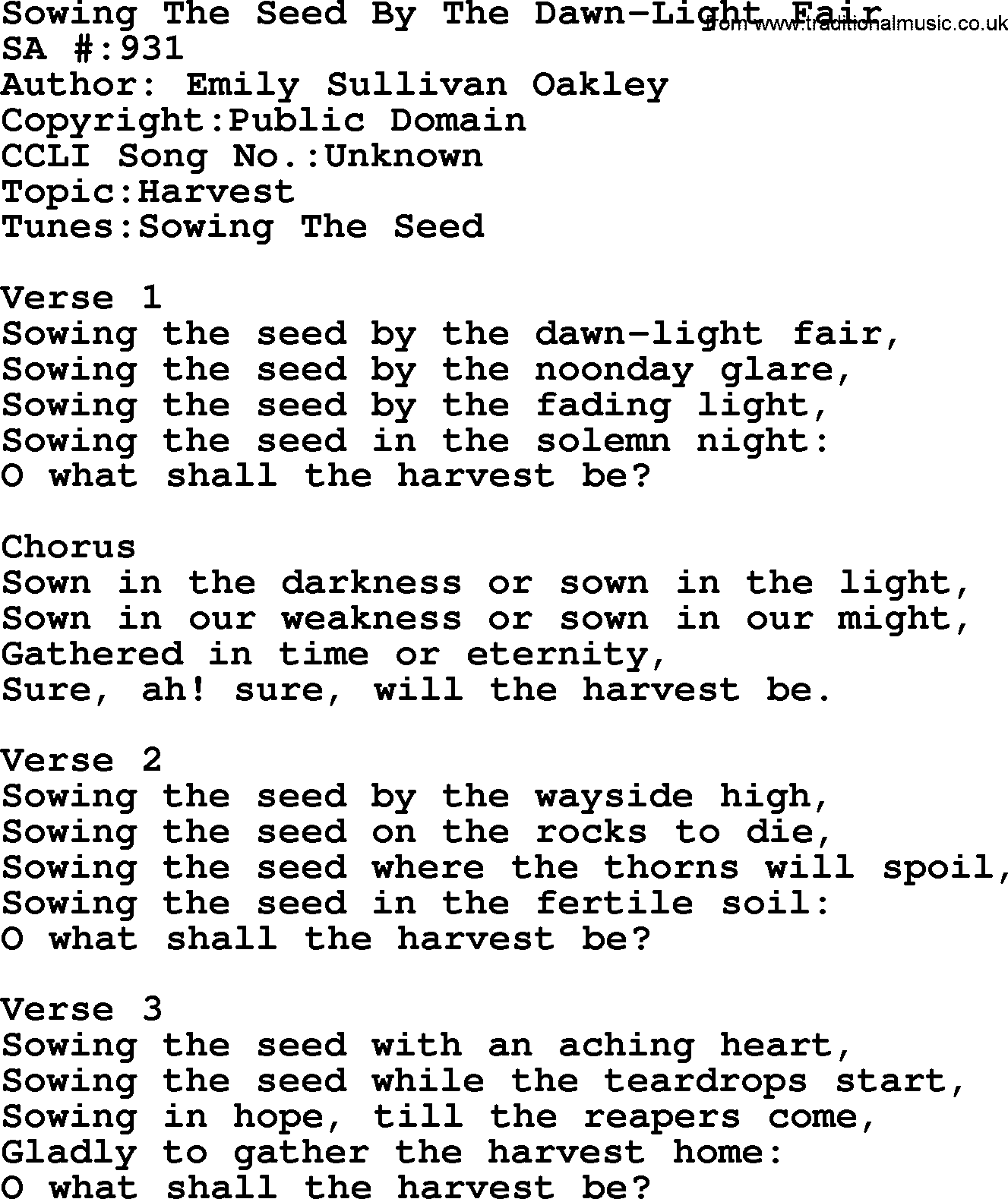 Salvation Army Hymnal, title: Sowing The Seed By The Dawn-Light Fair, with lyrics and PDF,