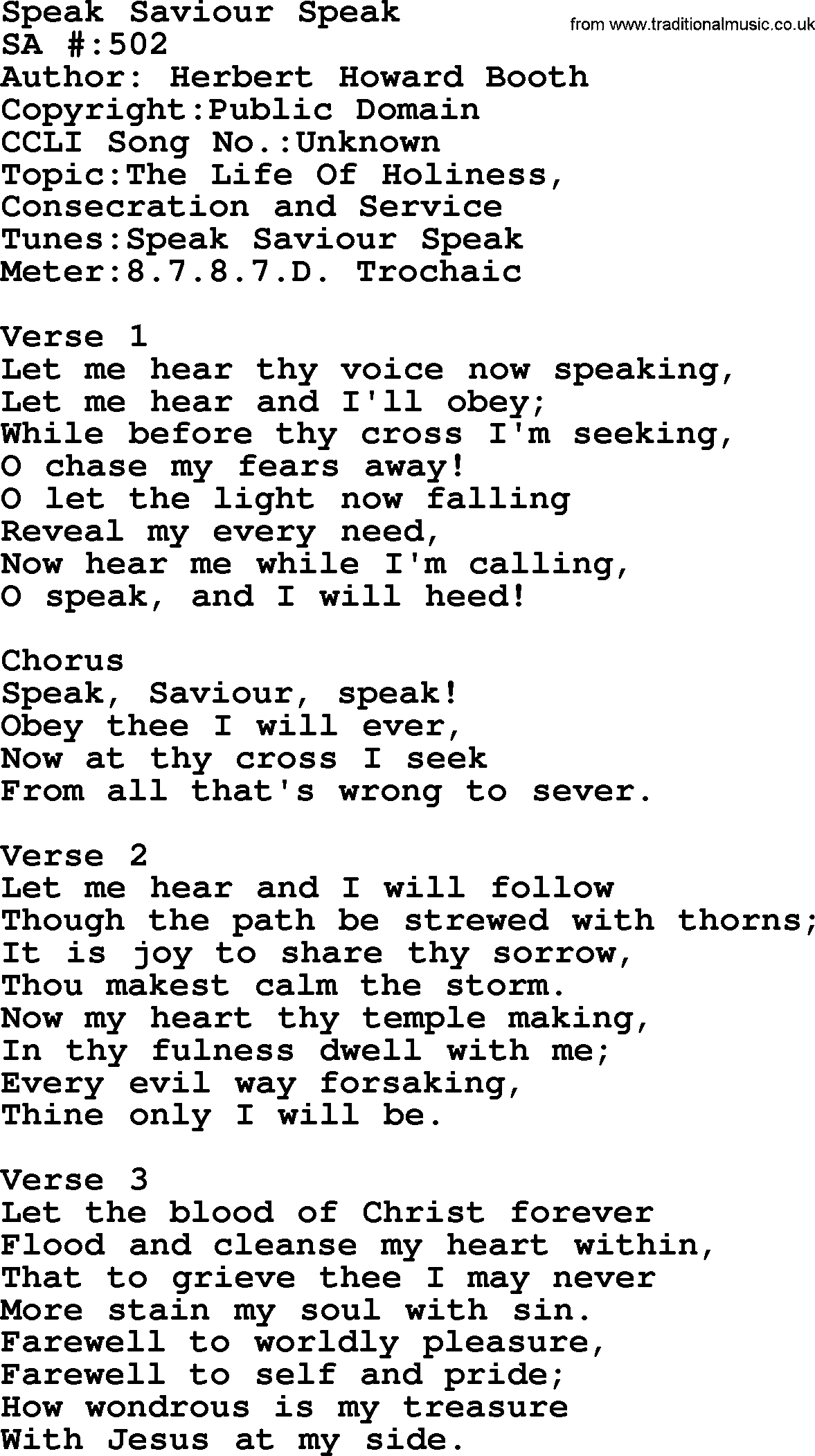 Salvation Army Hymnal, title: Speak Saviour Speak, with lyrics and PDF,