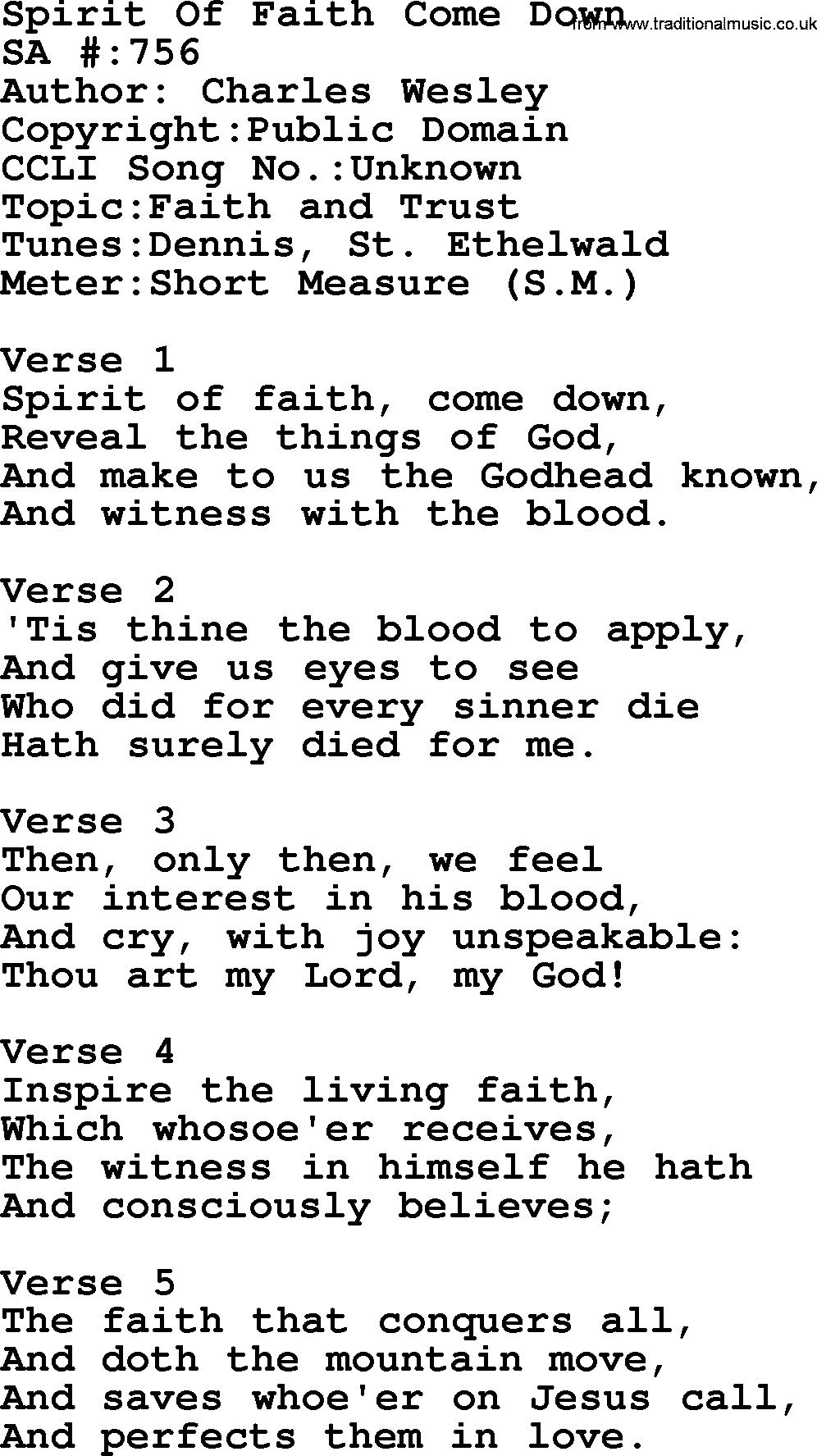Salvation Army Hymnal, title: Spirit Of Faith Come Down, with lyrics and PDF,