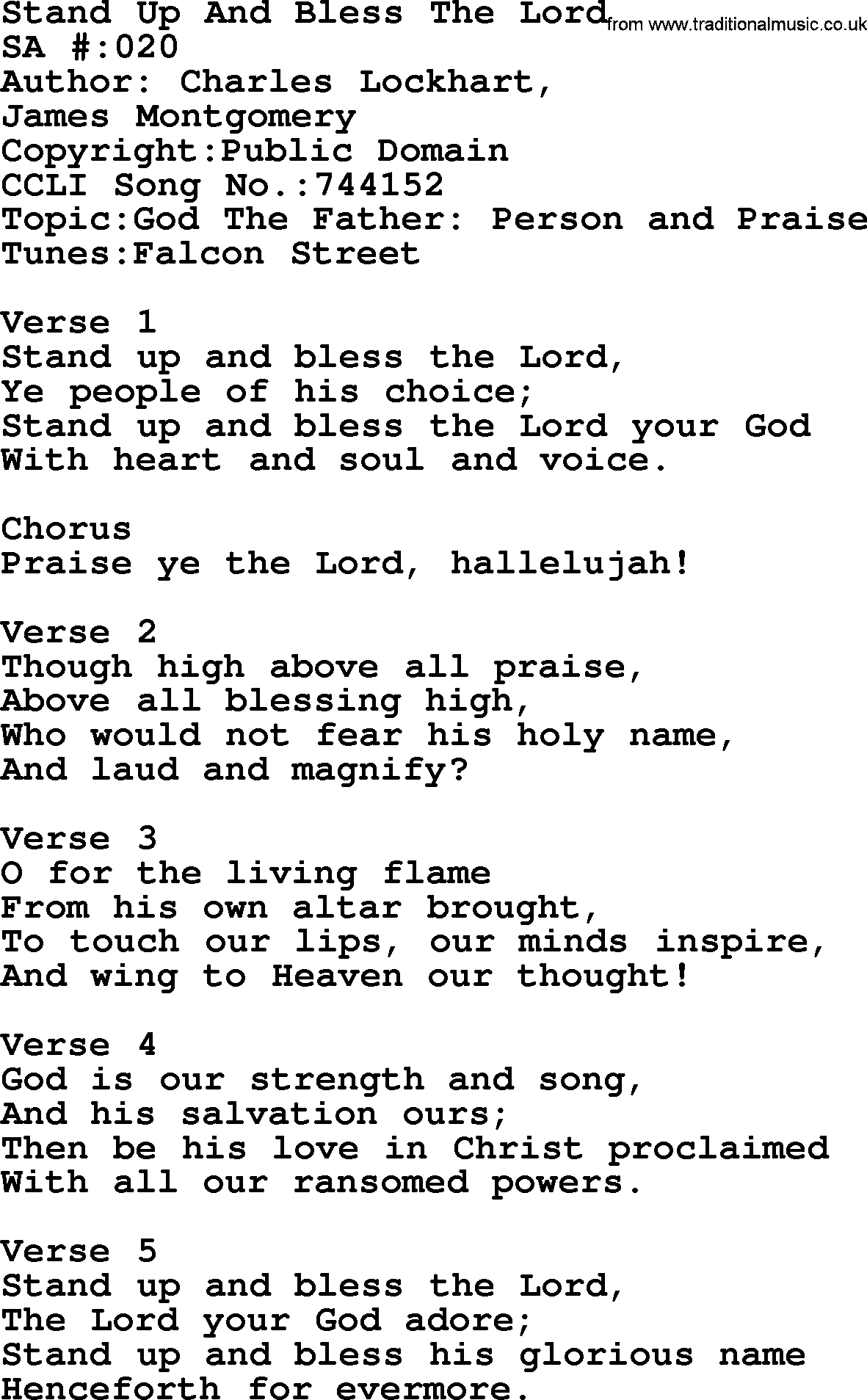 Salvation Army Hymnal, title: Stand Up And Bless The Lord, with lyrics and PDF,