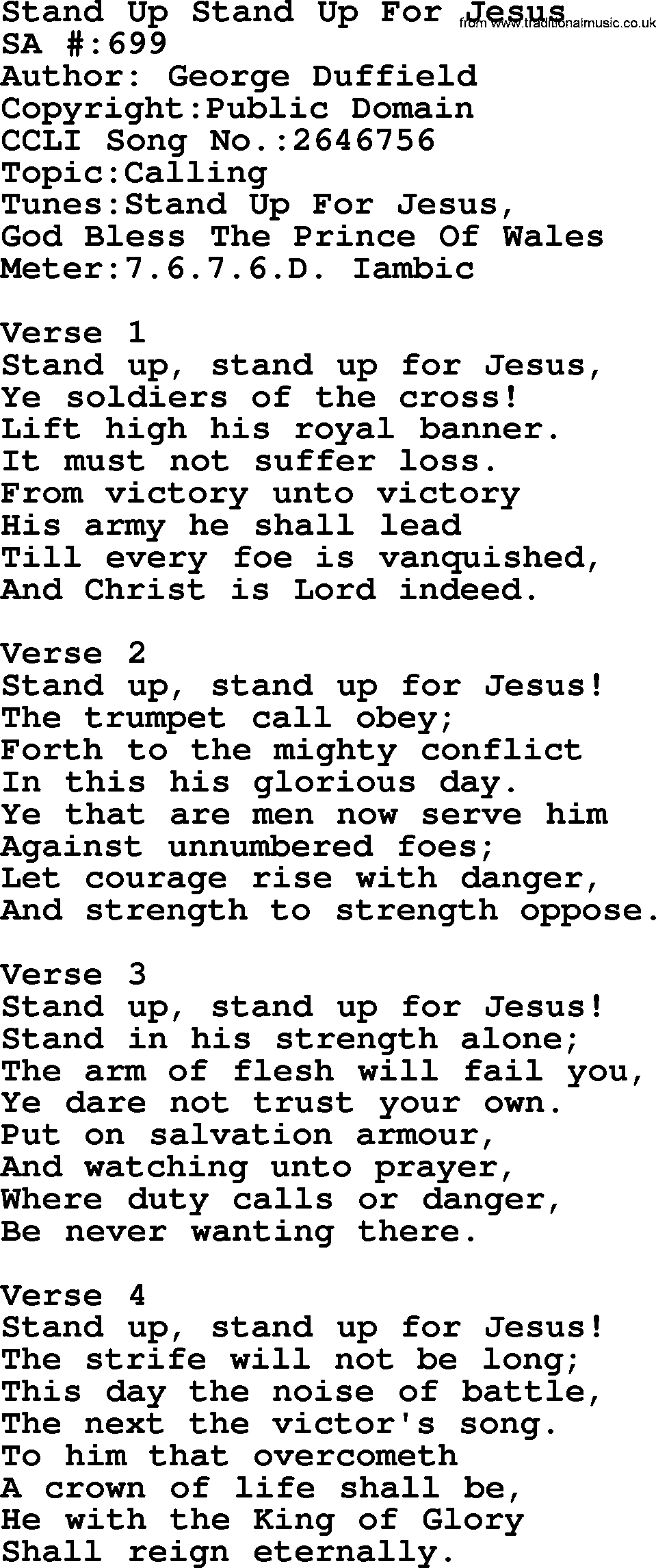 Salvation Army Hymnal, title: Stand Up Stand Up For Jesus, with lyrics and PDF,
