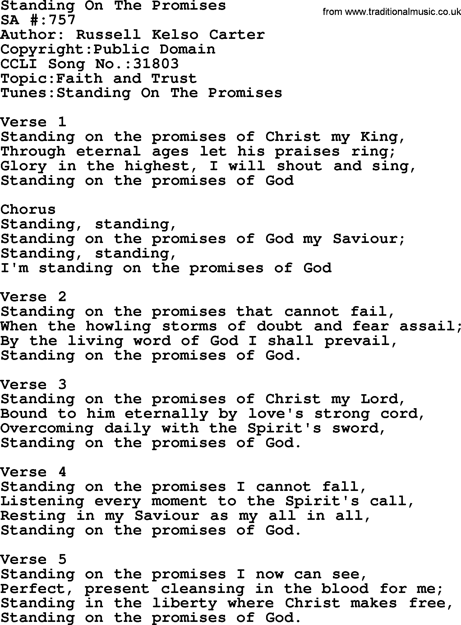 Salvation Army Hymnal, title: Standing On The Promises, with lyrics and PDF,