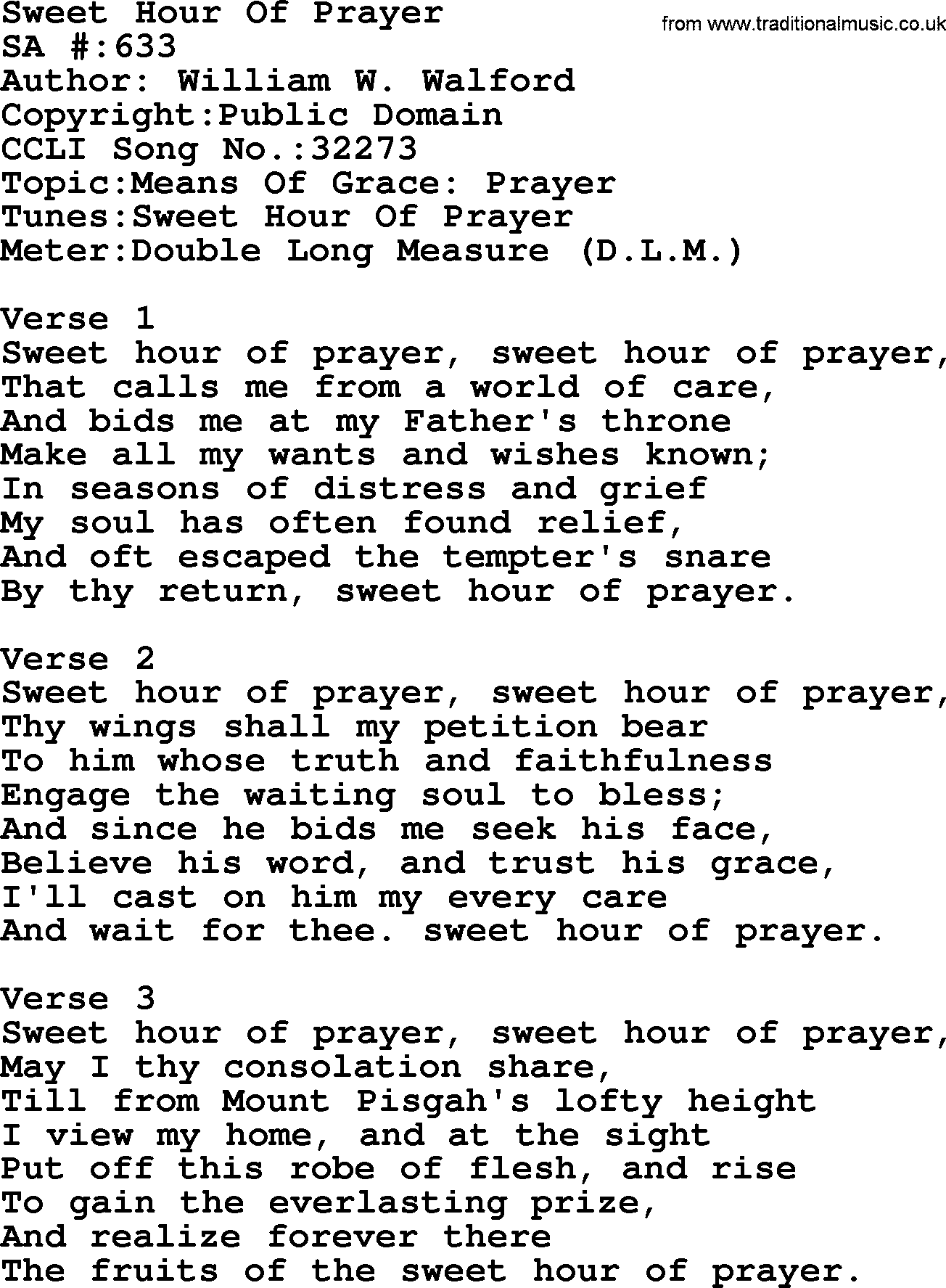 Salvation Army Hymnal, title: Sweet Hour Of Prayer, with lyrics and PDF,