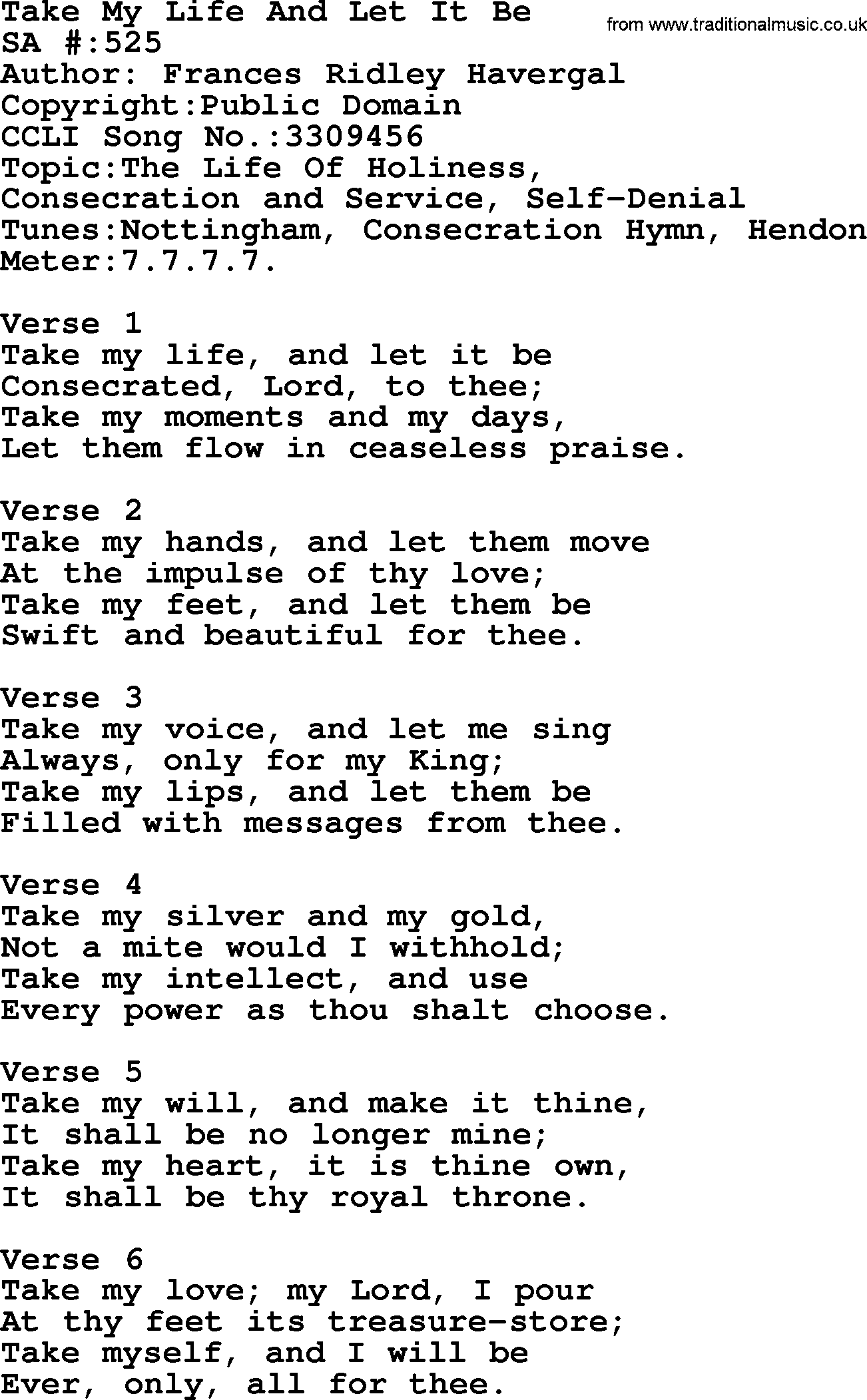 Salvation Army Hymnal, title: Take My Life And Let It Be, with lyrics and PDF,
