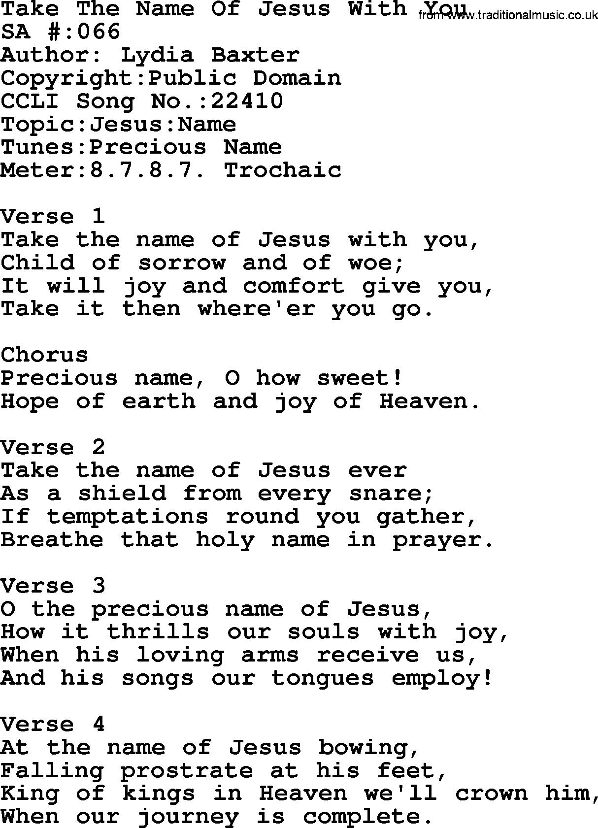Salvation Army Hymnal, title: Take The Name Of Jesus With You, with lyrics and PDF,