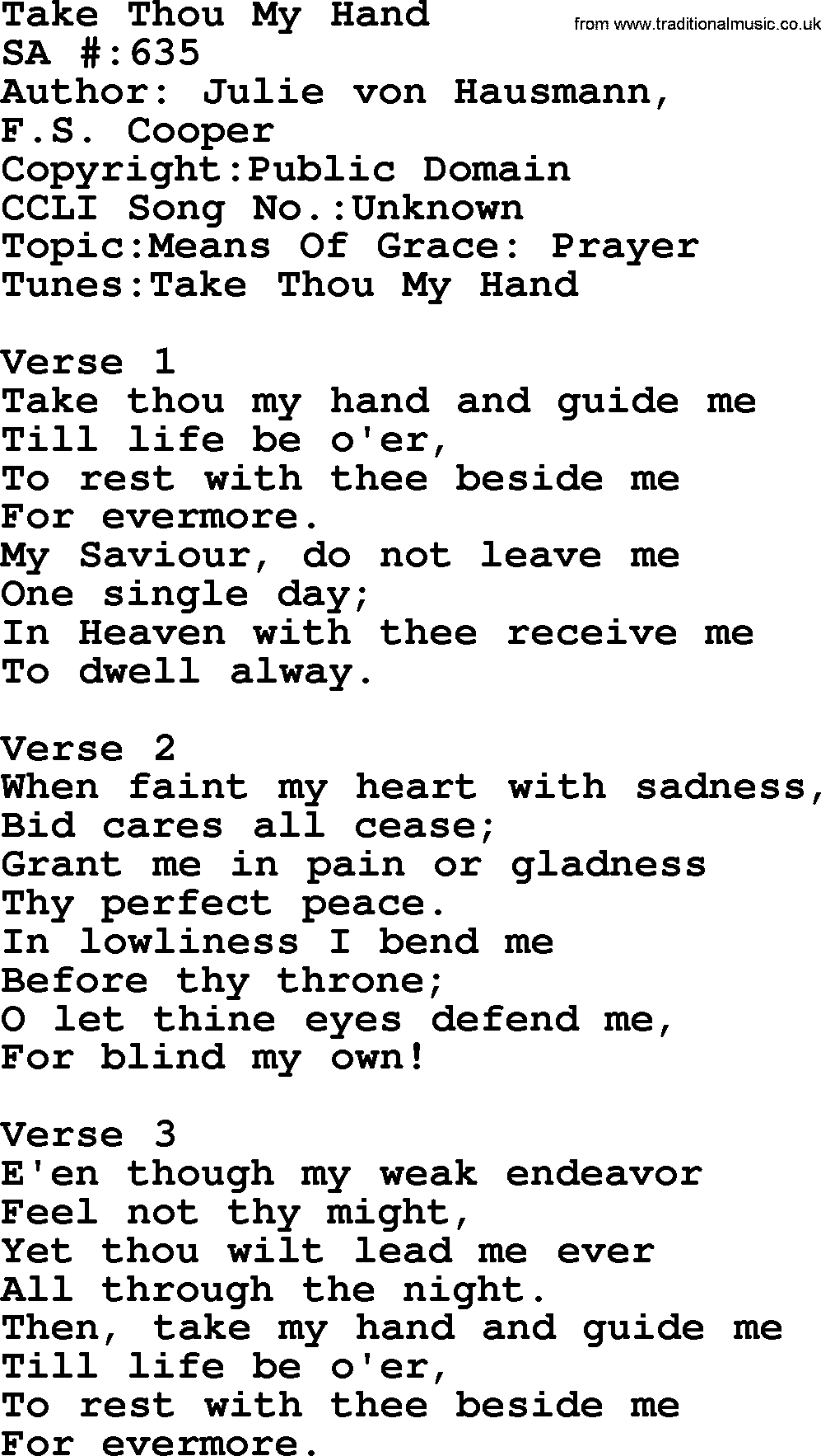 Salvation Army Hymnal, title: Take Thou My Hand, with lyrics and PDF,