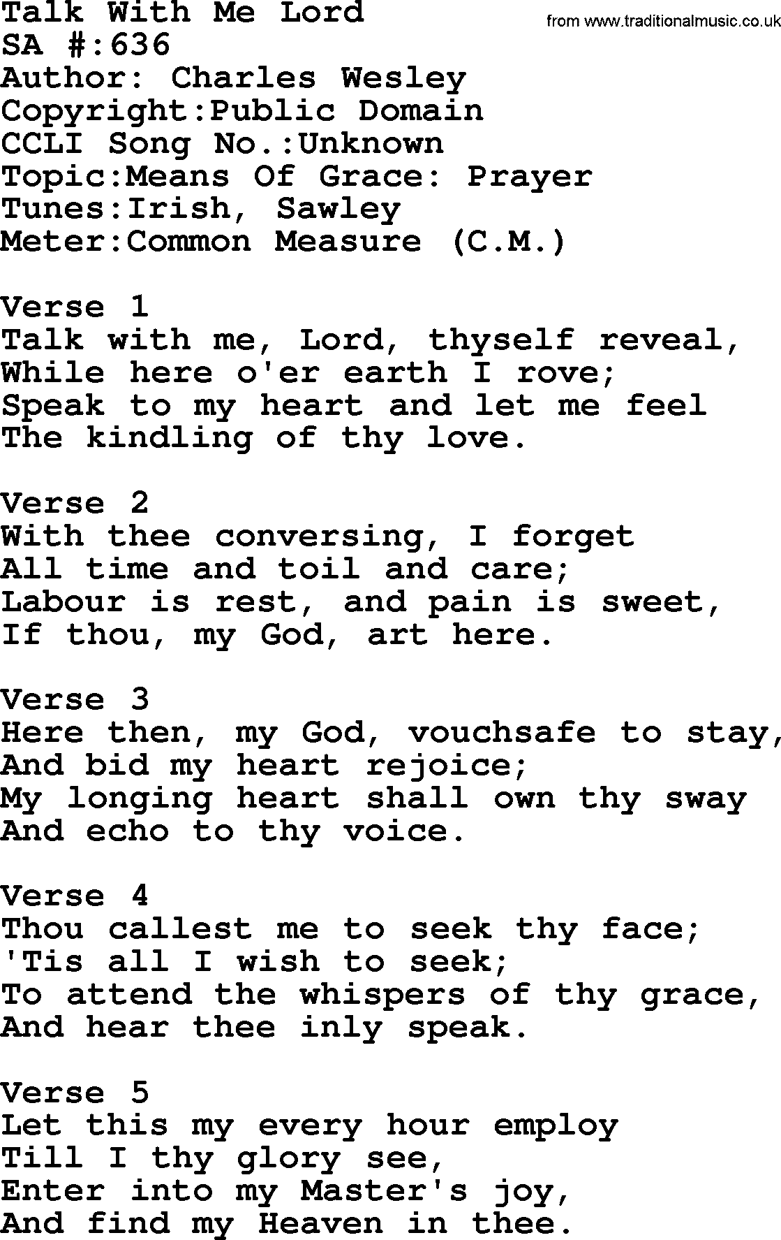 Salvation Army Hymnal, title: Talk With Me Lord, with lyrics and PDF,