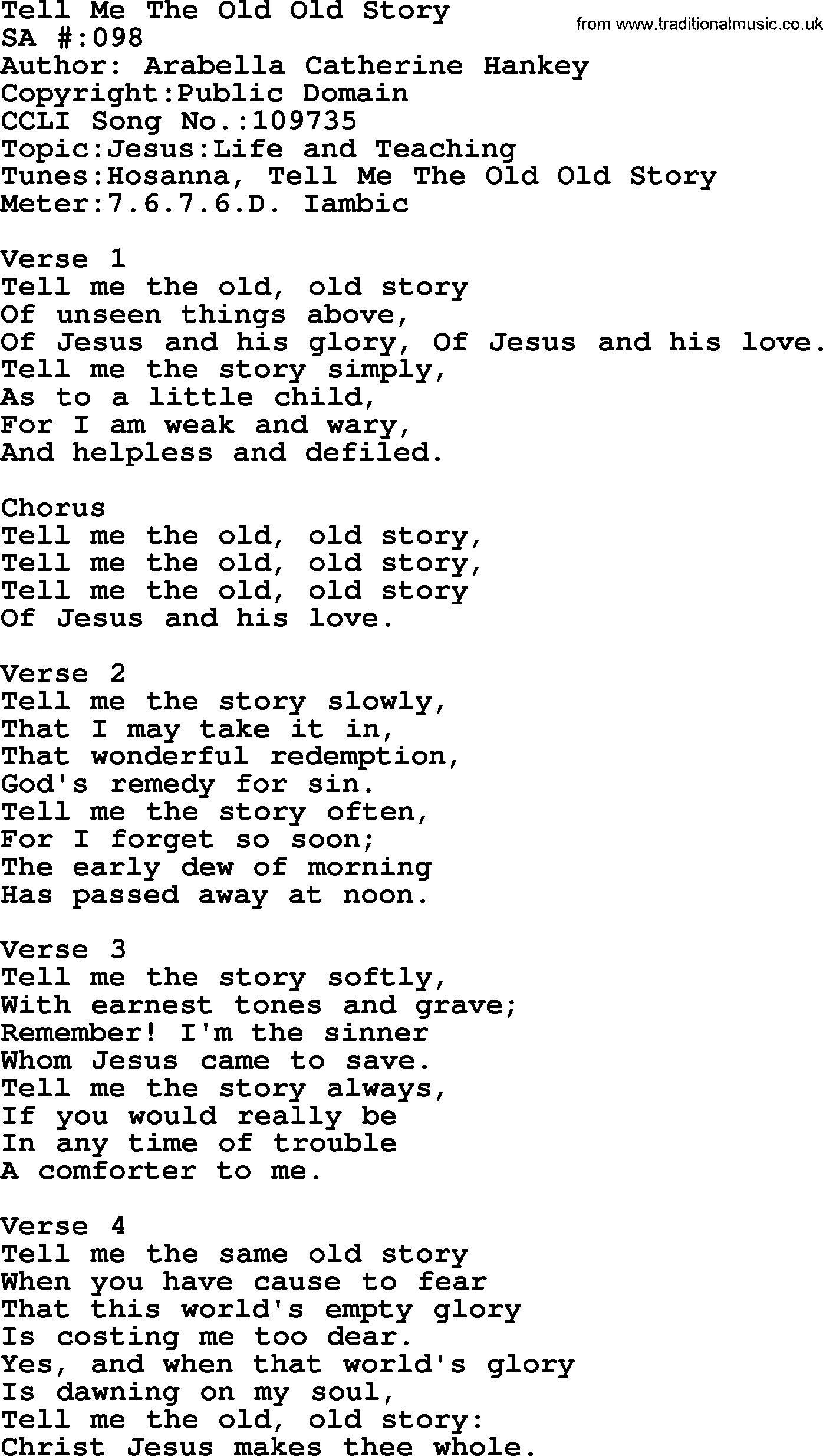 Salvation Army Hymnal, title: Tell Me The Old Old Story, with lyrics and PDF,