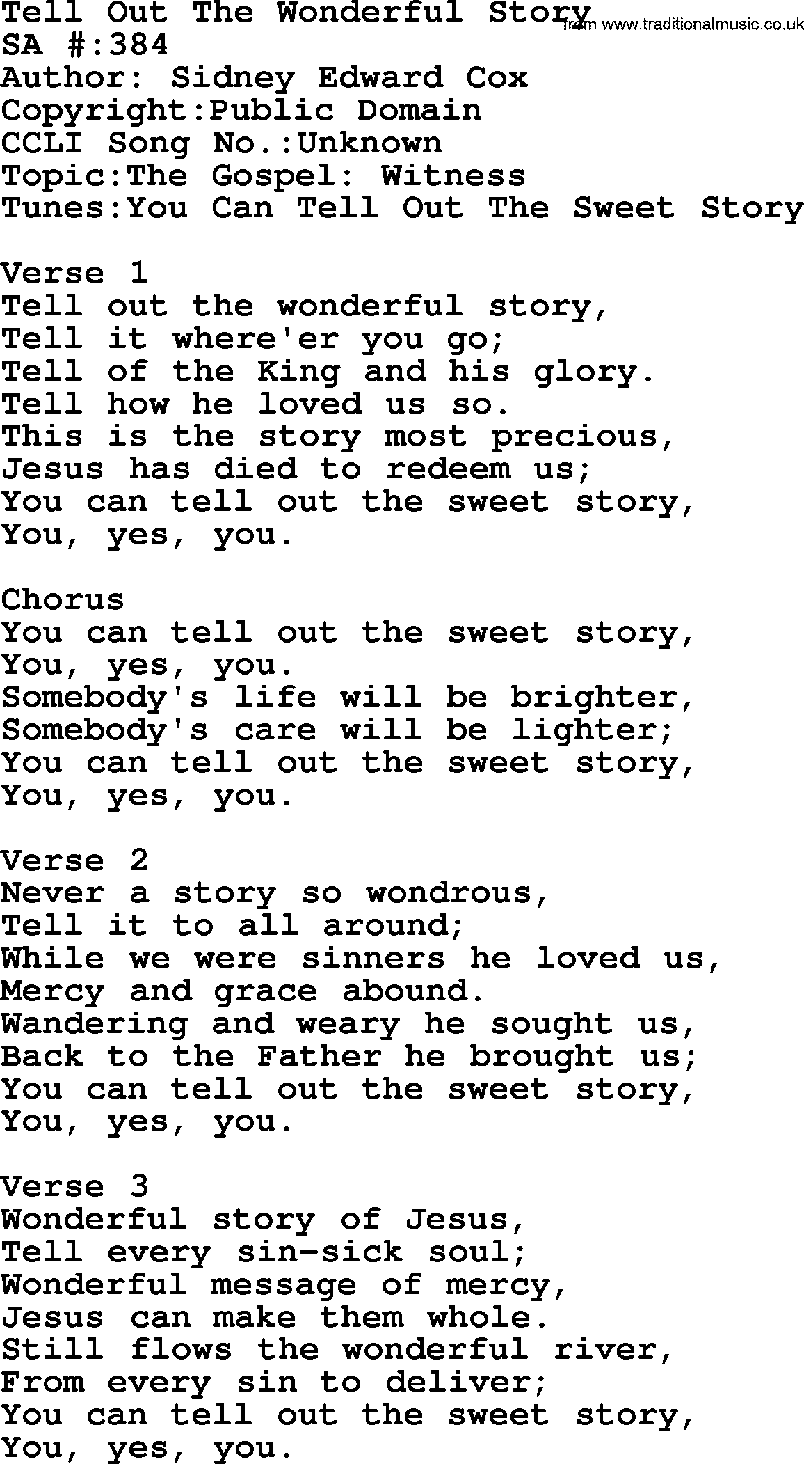 Salvation Army Hymnal, title: Tell Out The Wonderful Story, with lyrics and PDF,