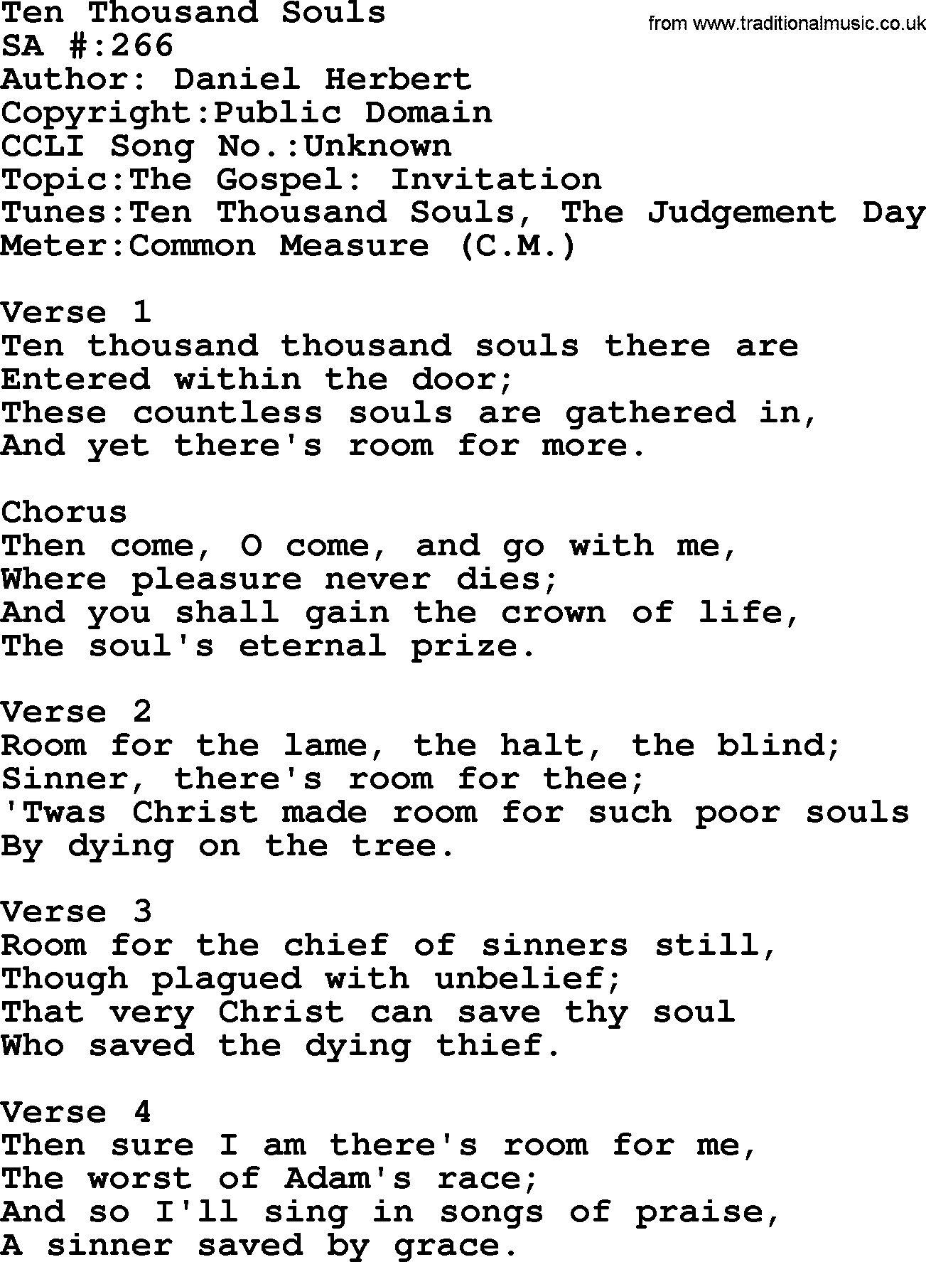 Salvation Army Hymnal, title: Ten Thousand Souls, with lyrics and PDF,