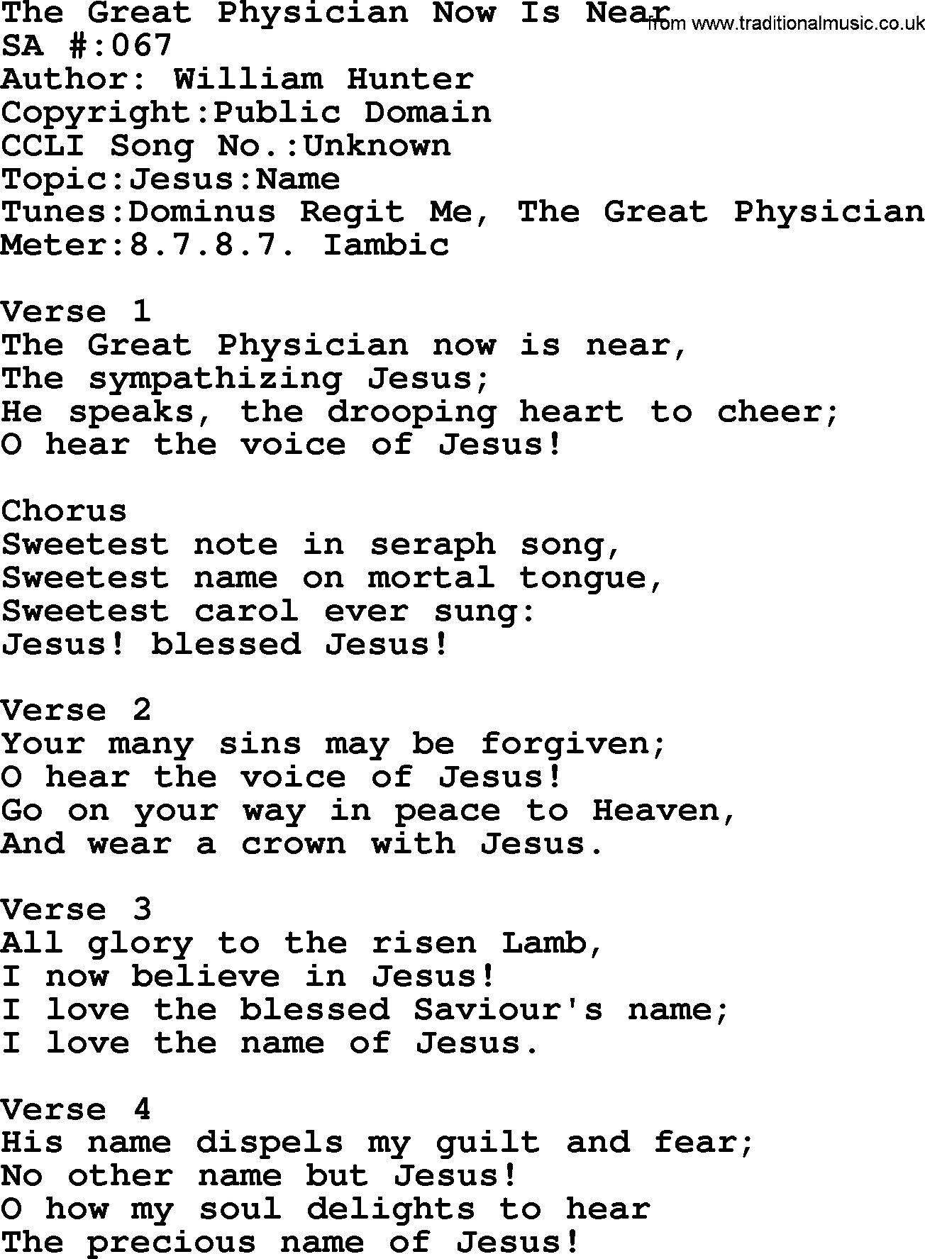 Salvation Army Hymnal, title: The Great Physician Now Is Near, with lyrics and PDF,