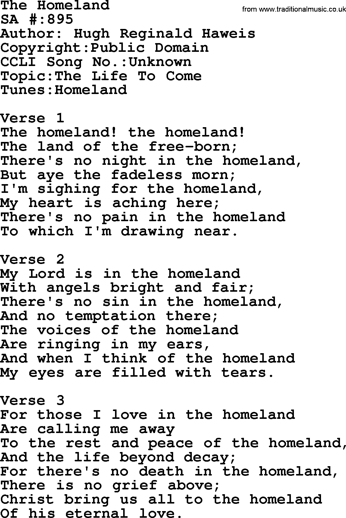 Salvation Army Hymnal, title: The Homeland, with lyrics and PDF,