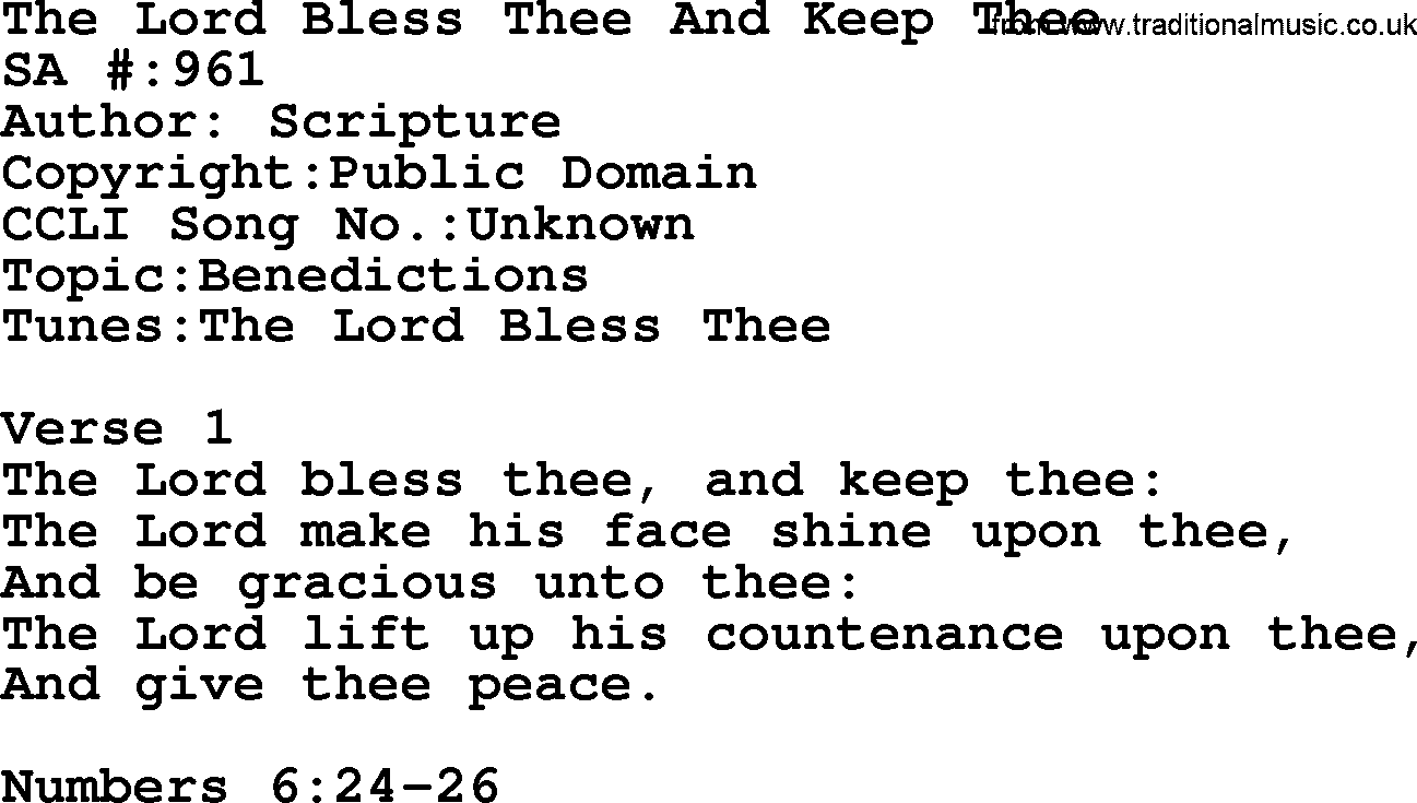Salvation Army Hymnal, title: The Lord Bless Thee And Keep Thee, with lyrics and PDF,