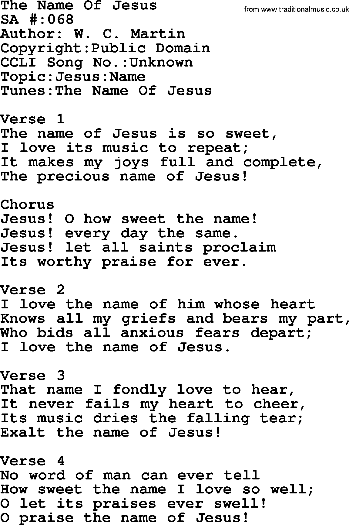 Salvation Army Hymnal, title: The Name Of Jesus, with lyrics and PDF,