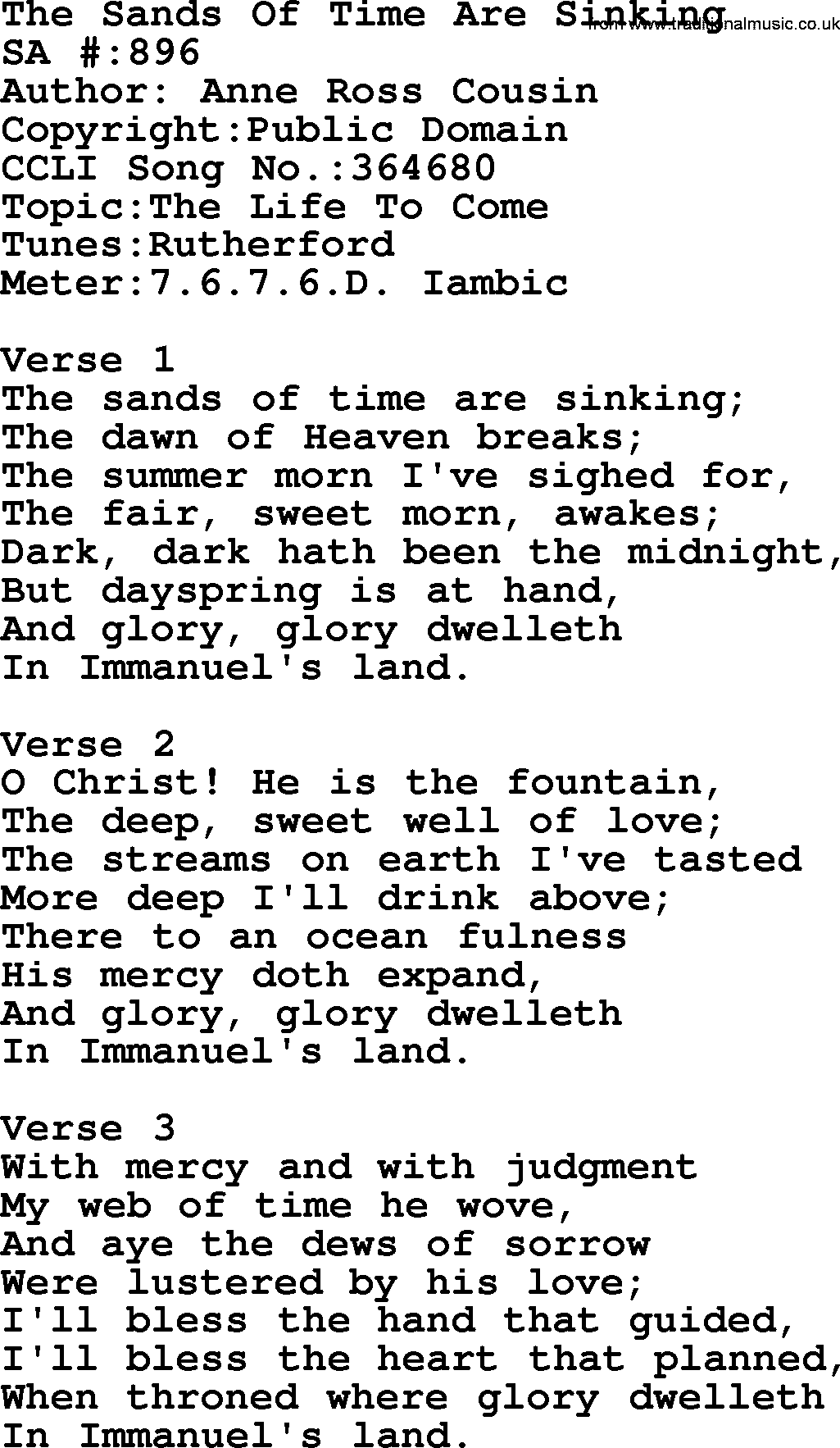 Salvation Army Hymnal, title: The Sands Of Time Are Sinking, with lyrics and PDF,