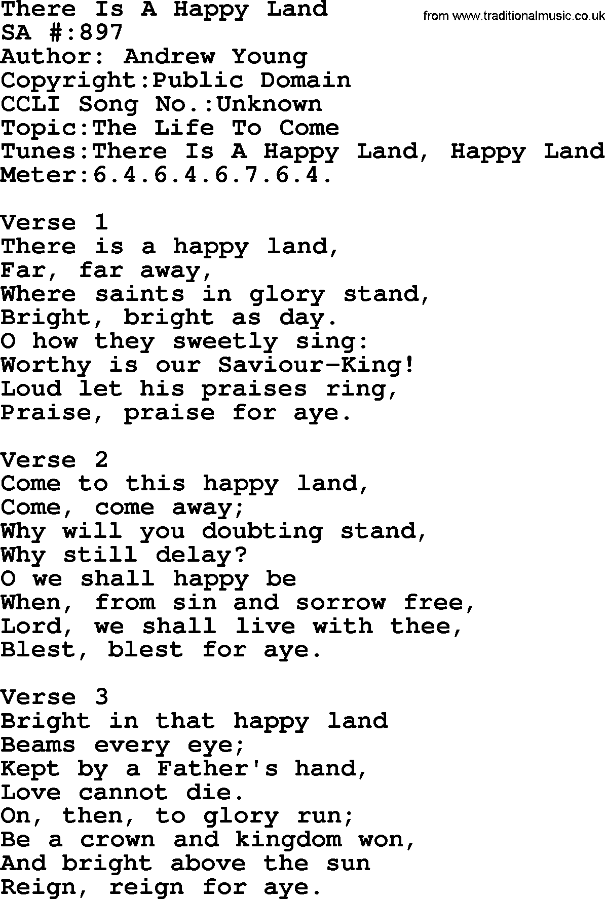 Salvation Army Hymnal, title: There Is A Happy Land, with lyrics and PDF,