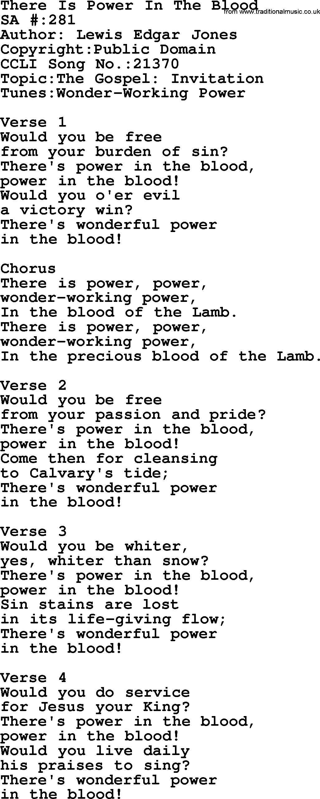 Salvation Army Hymnal, title: There Is Power In The Blood, with lyrics and PDF,