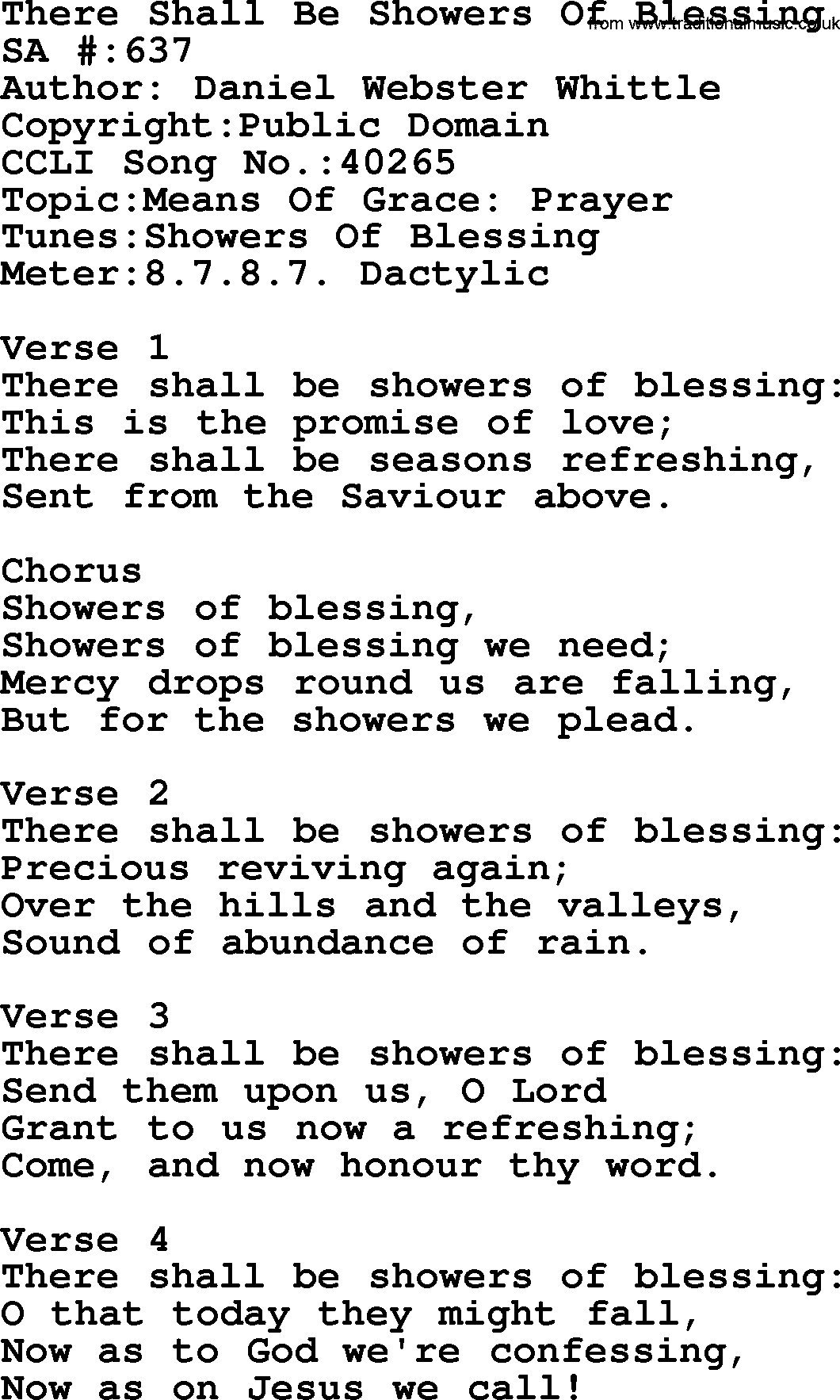 Salvation Army Hymnal, title: There Shall Be Showers Of Blessing, with lyrics and PDF,