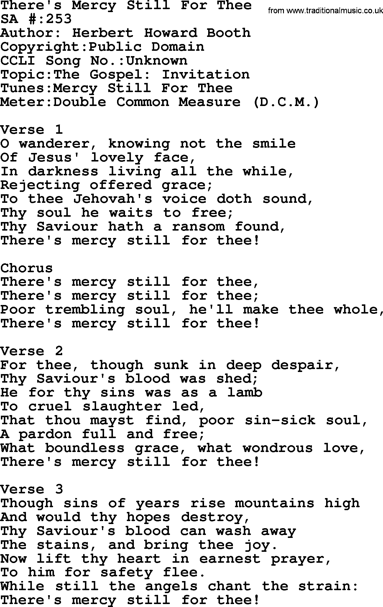 Salvation Army Hymnal, title: There's Mercy Still For Thee, with lyrics and PDF,