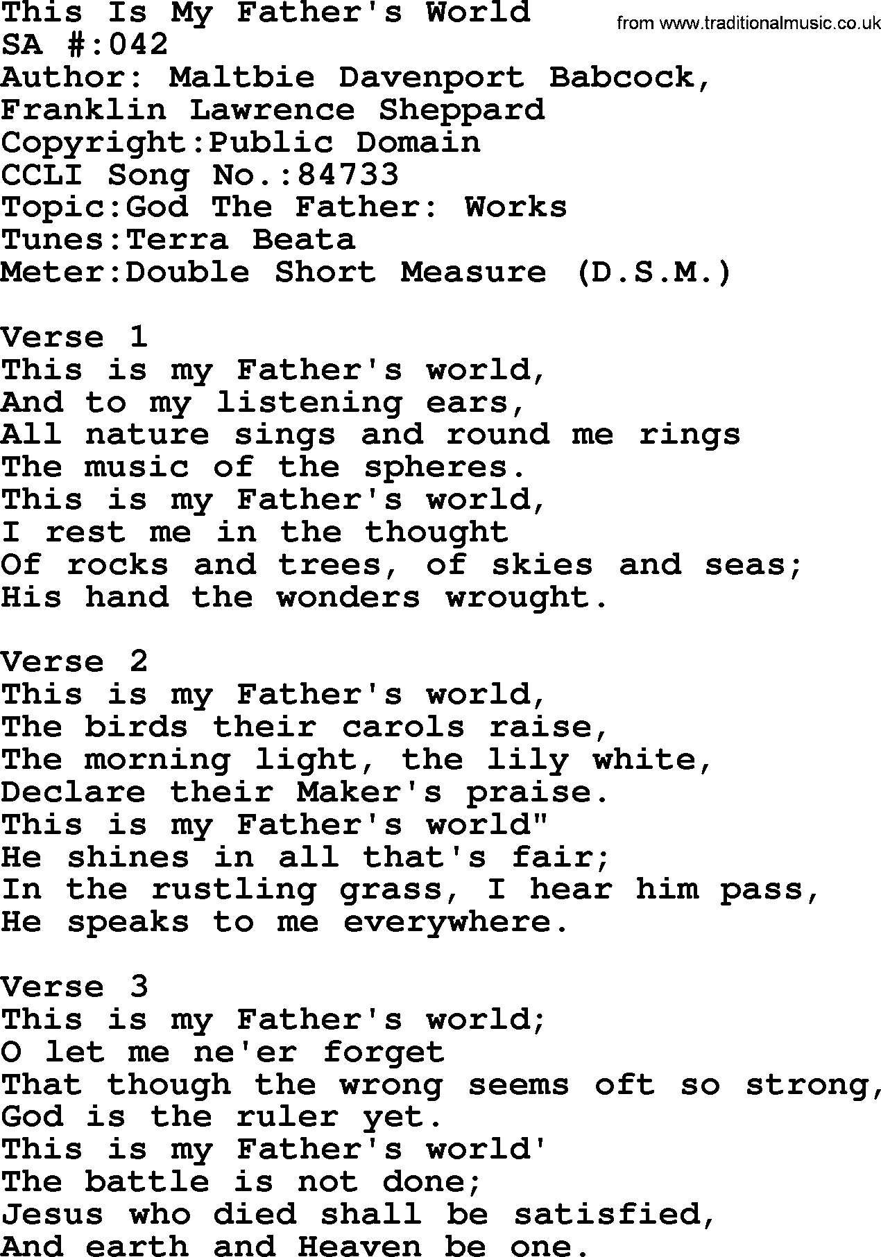 Salvation Army Hymnal, title: This Is My Father's World, with lyrics and PDF,