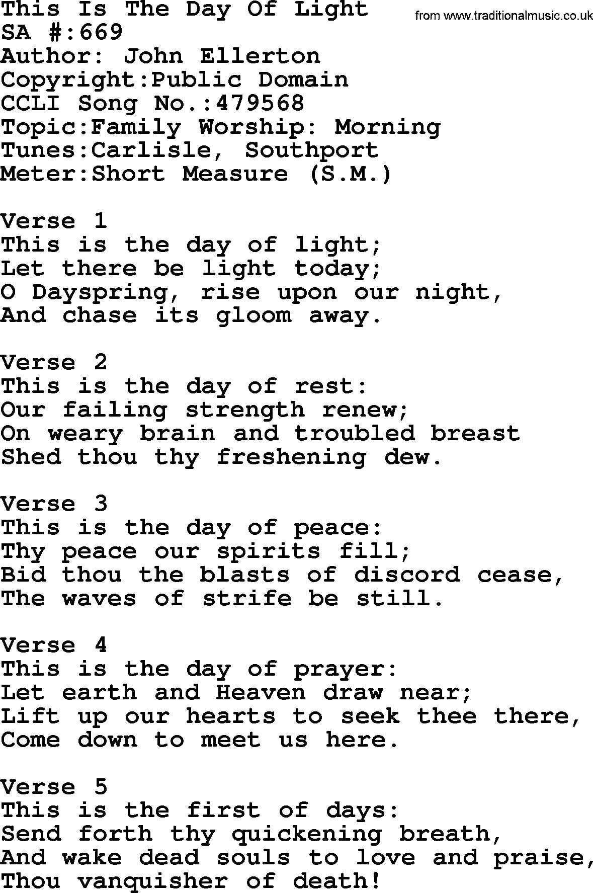 Salvation Army Hymnal, title: This Is The Day Of Light, with lyrics and PDF,