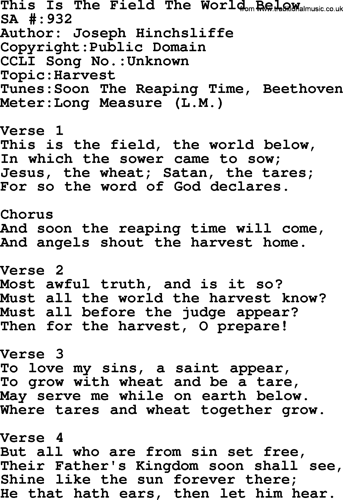 Salvation Army Hymnal, title: This Is The Field The World Below, with lyrics and PDF,