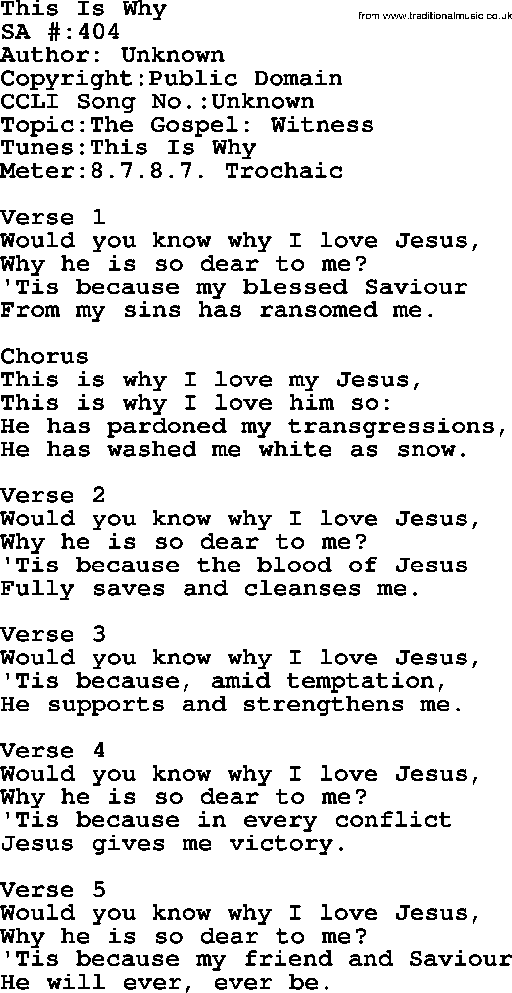 Salvation Army Hymnal, title: This Is Why, with lyrics and PDF,