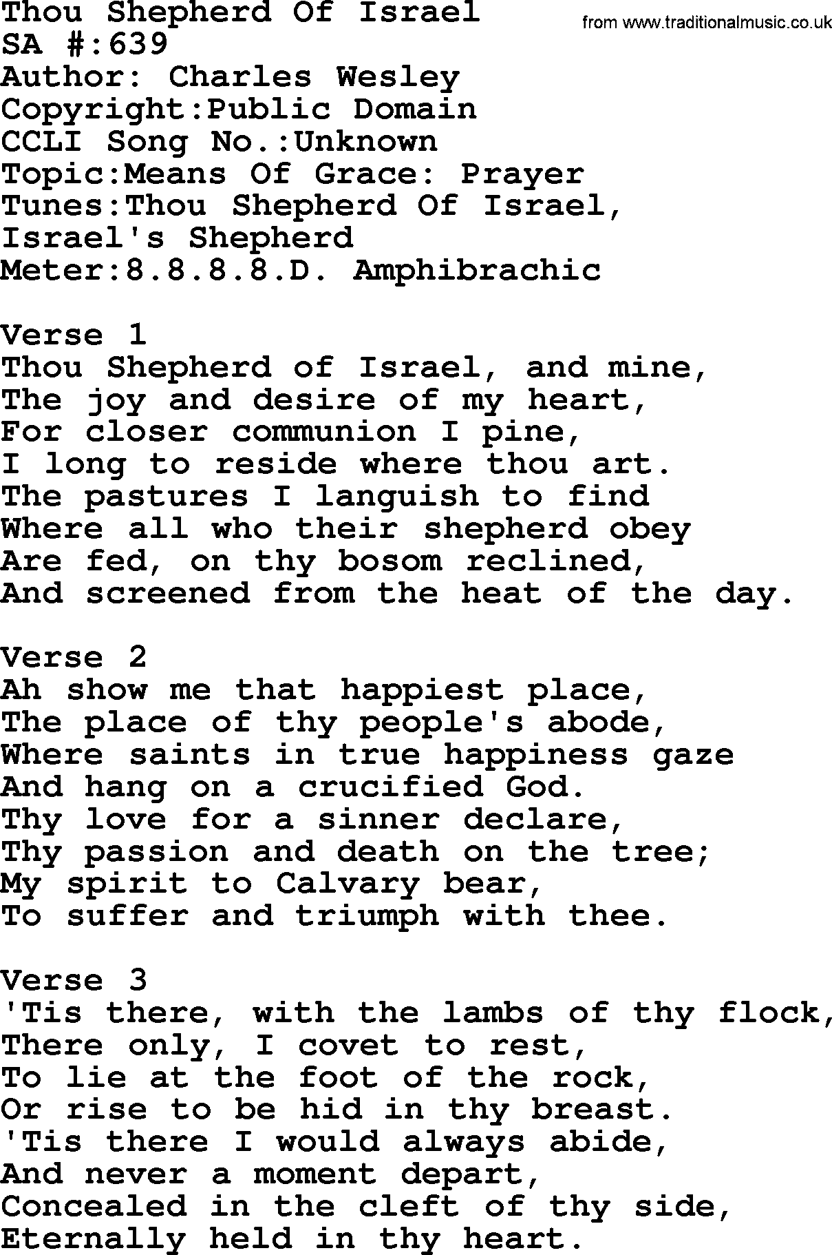 Salvation Army Hymnal, title: Thou Shepherd Of Israel, with lyrics and PDF,